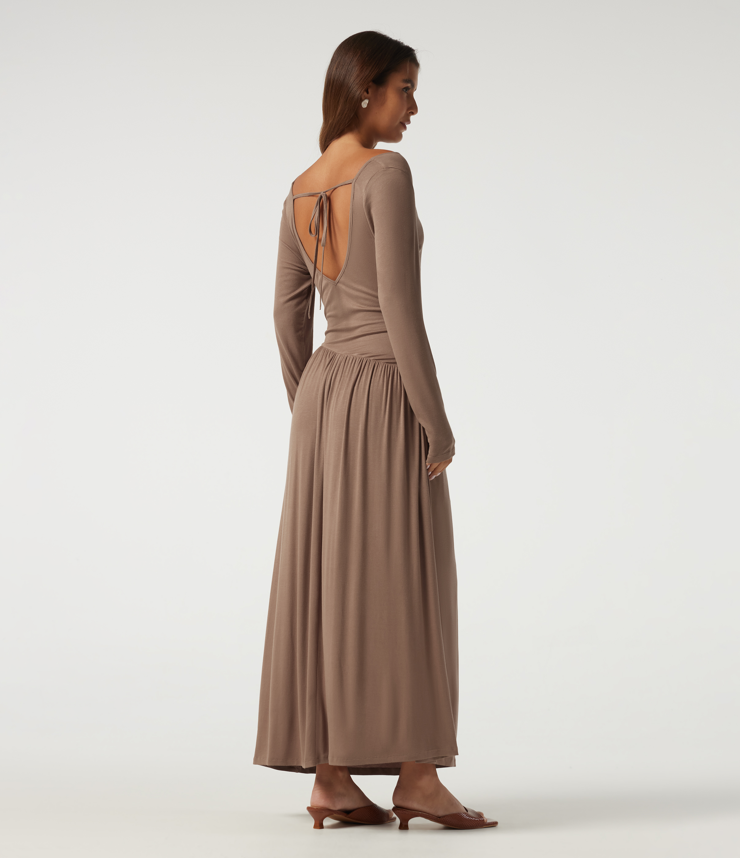 Ribbed Knit Cowl Neck Long Sleeve Ruched Lace Up Asymmetric Casual Maxi Dress