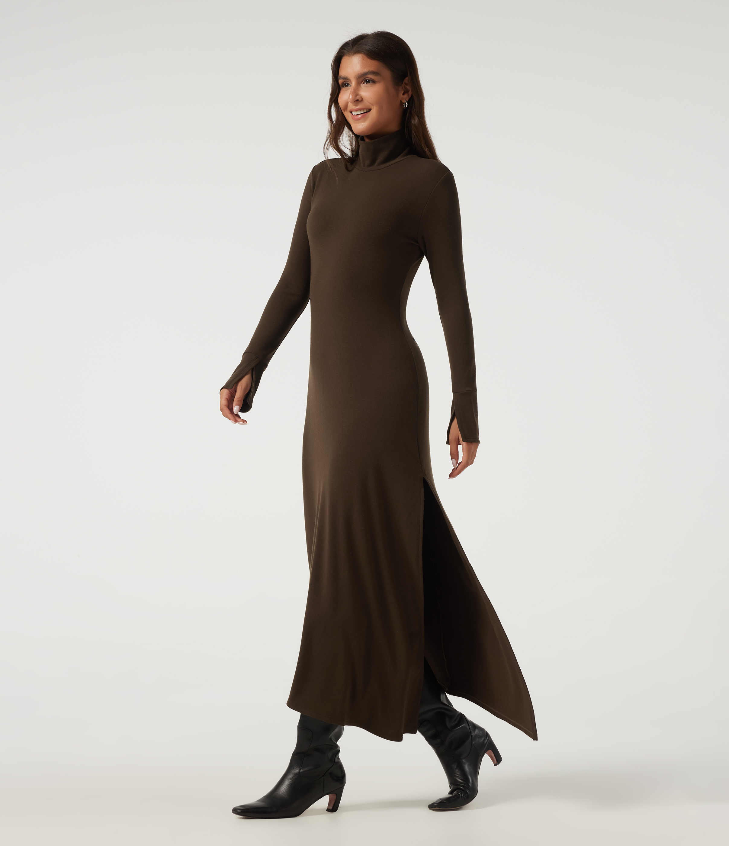High Neck Long Sleeve Asymmetric Thermal Casual Bodycon Midi Dress