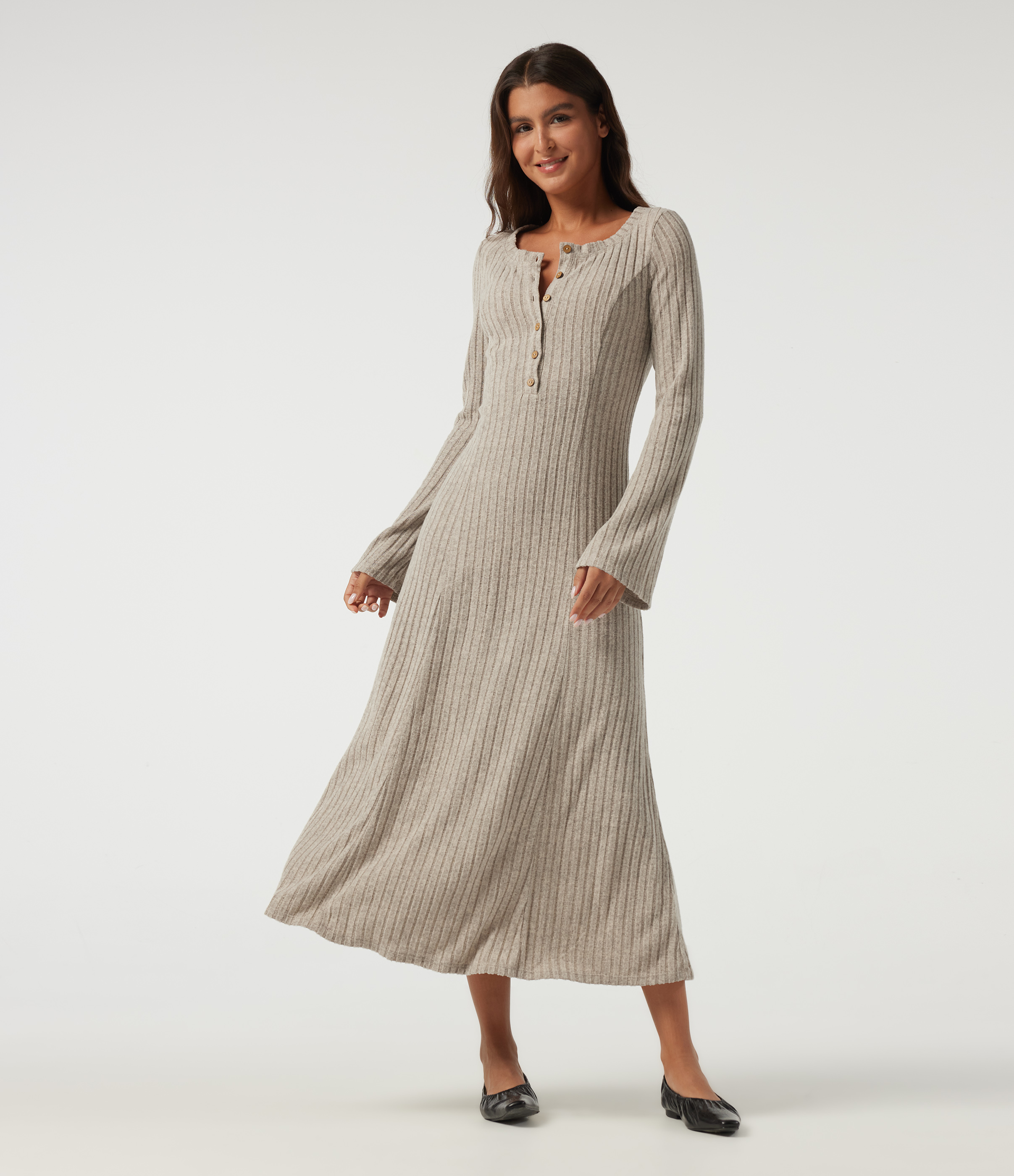 Ribbed Knit Henley Neck Long Sleeve Midi Casual Dress