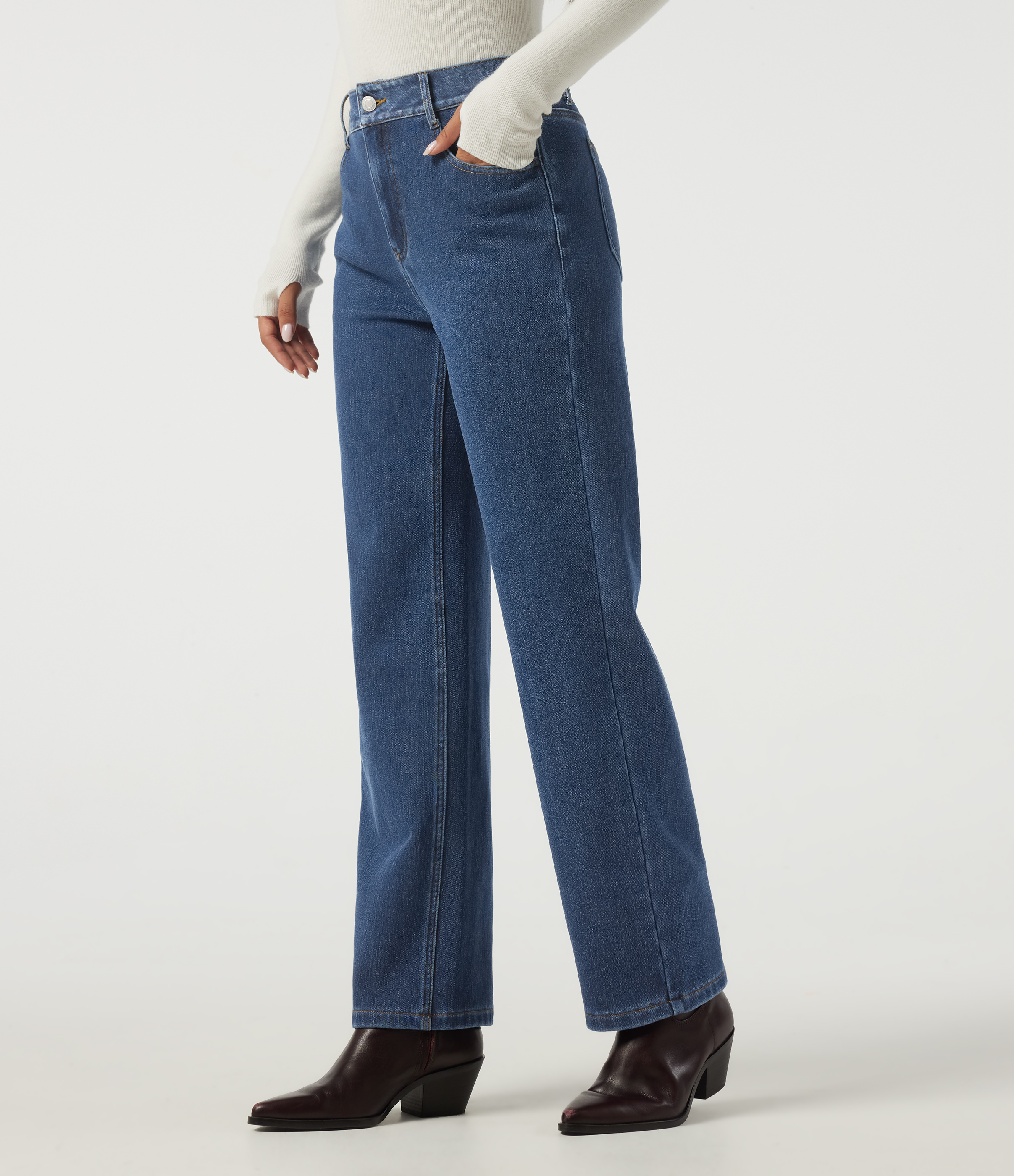 High Waisted Straight Leg Casual Cotton Jeans with Pockets