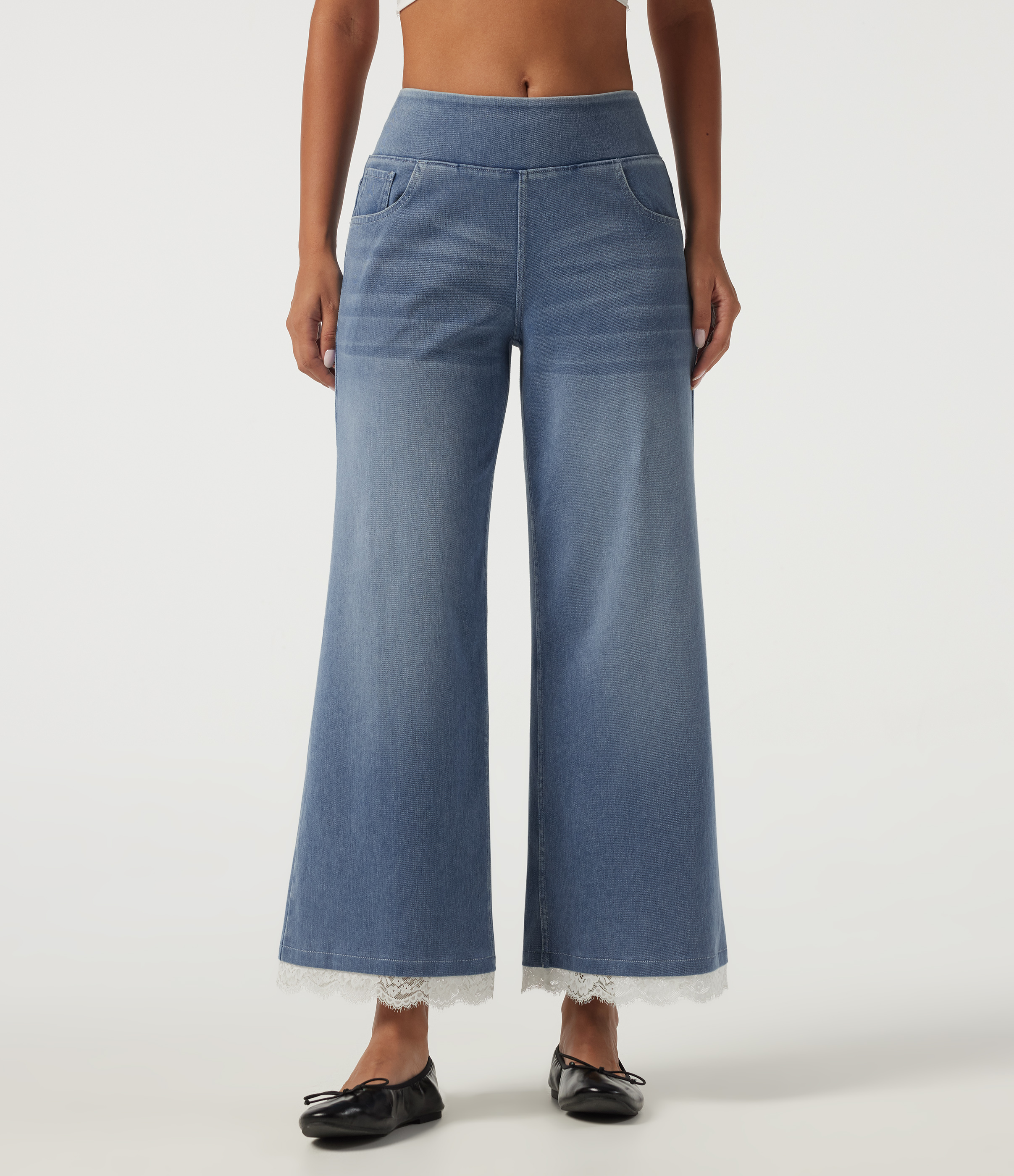 Halara Flex™ High Waisted Wide Leg Contrast Lace Casual Cotton Jeans with Pockets