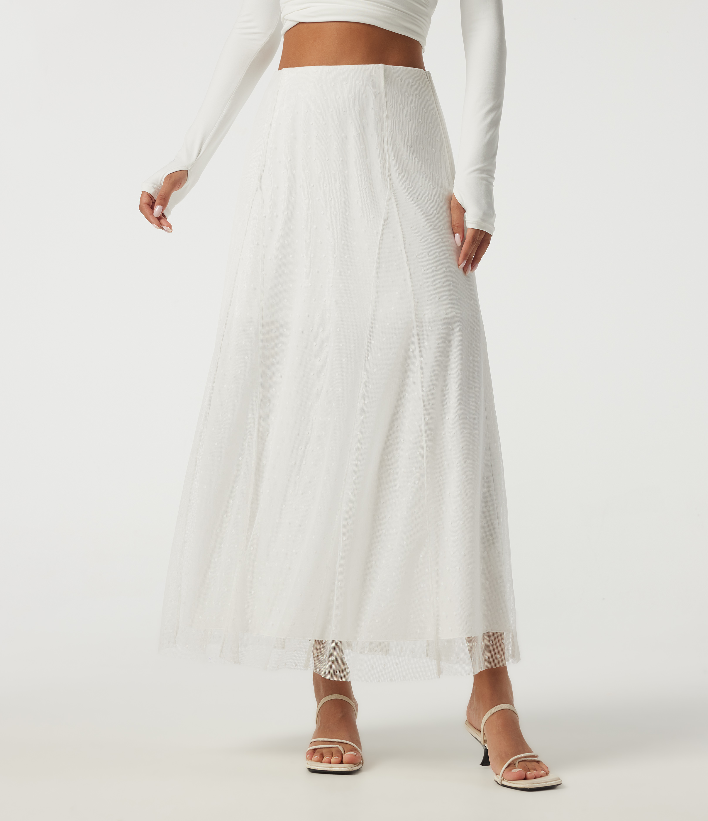 High Waisted A Line Contrast Mesh Midi Casual Skirt