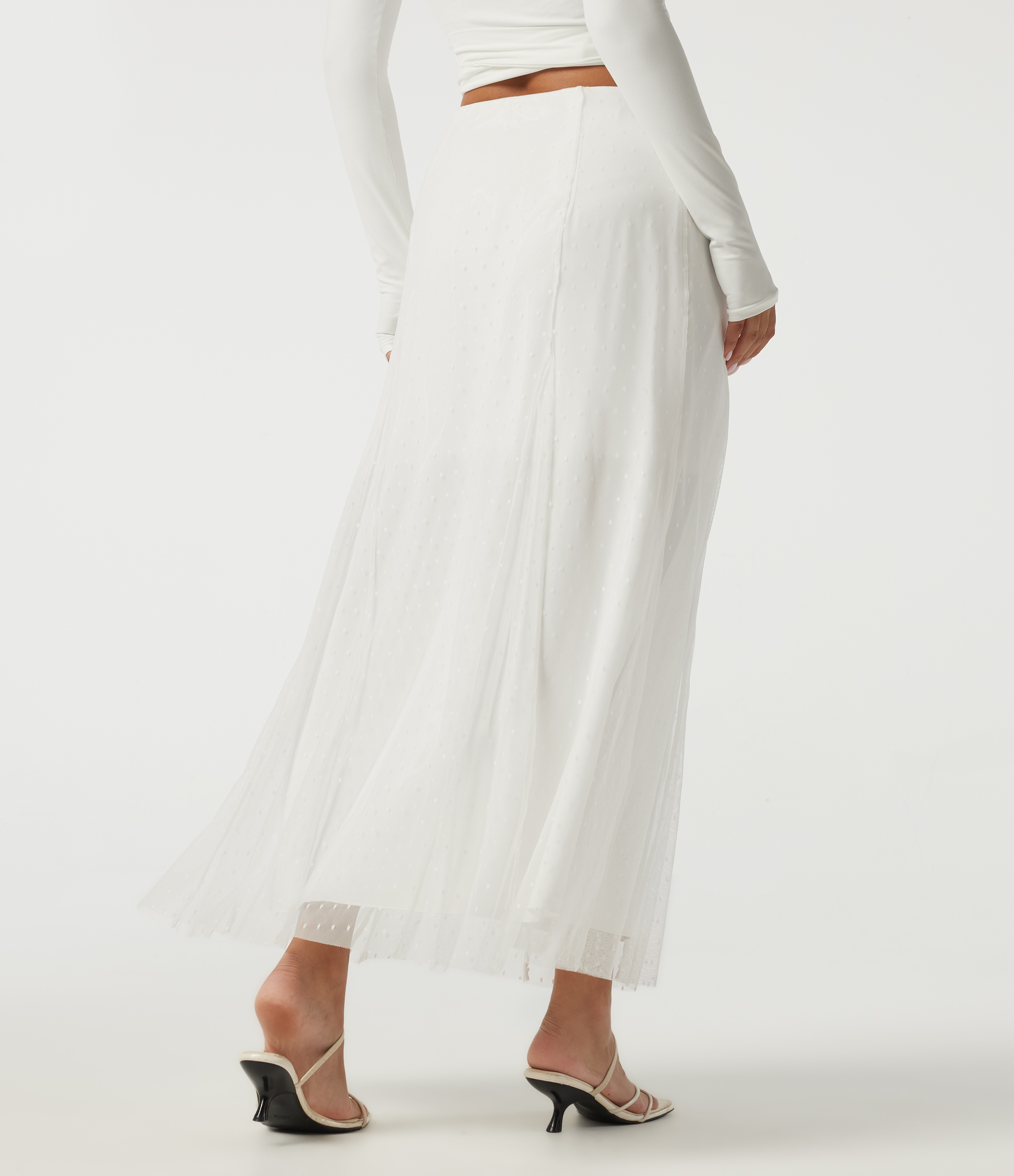 White High Waisted A Line Contrast Mesh Midi Casual Skirt / 2