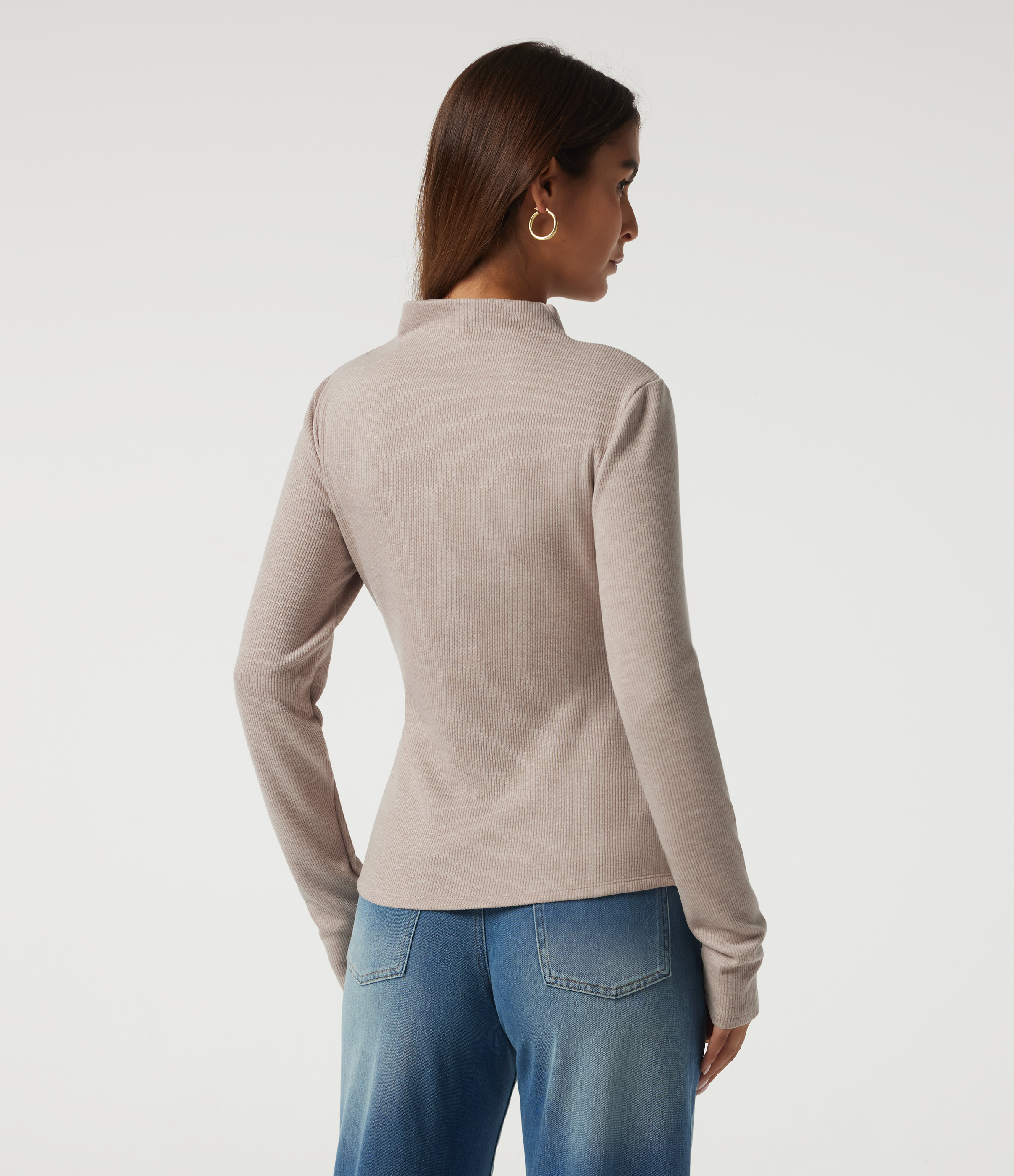 Oatstone Beige Ribbed Mock Neck Long Sleeve Asymmetric Slim Casual Top / 2