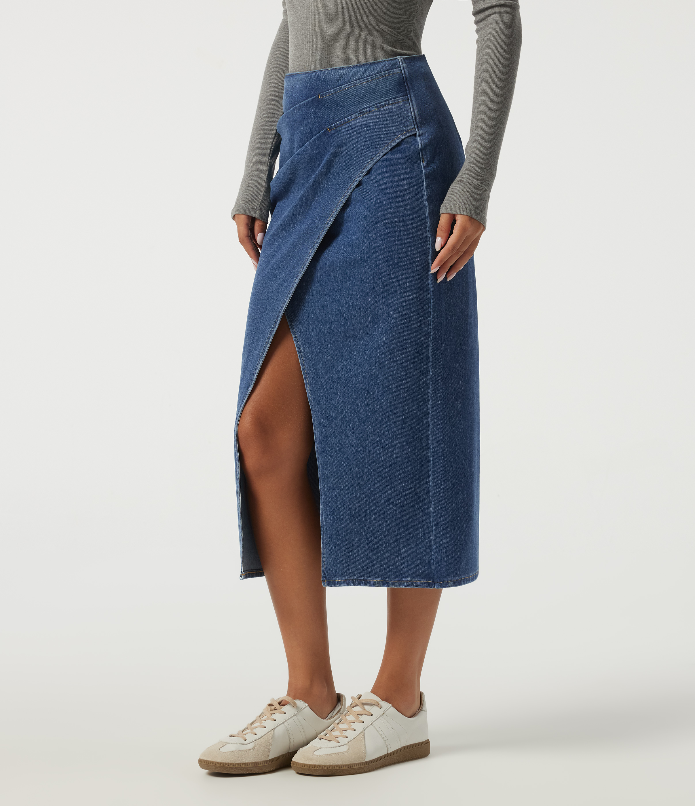 Halara Flex™ midi denim kokerrok, met hoge taille, geplooid, casual, van katoen