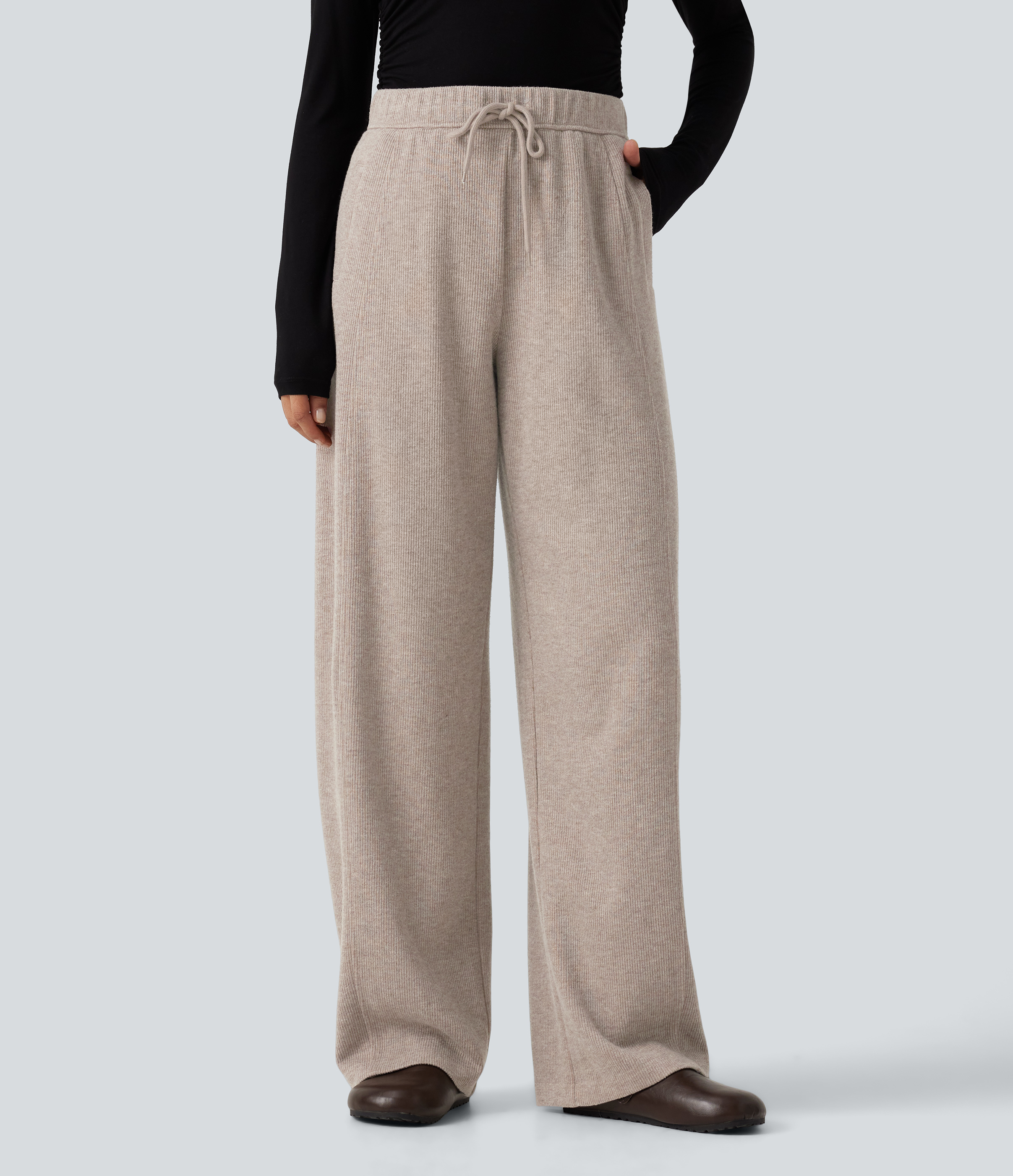 Ribbed Knit High Waisted Drawstring Wide Leg Casual Pants with Pockets