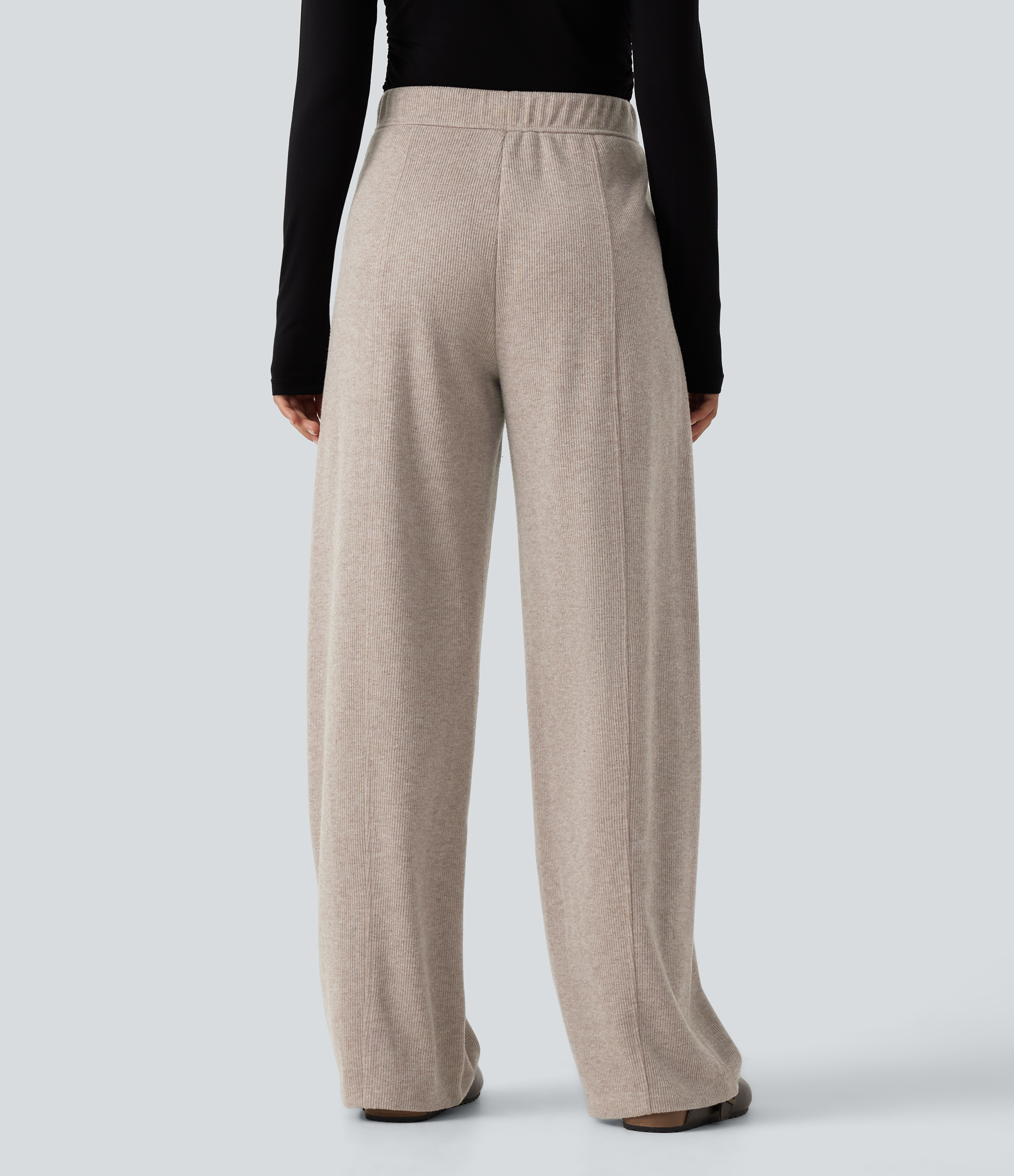 Oatstone Beige Ribbed Knit High Waisted Drawstring Wide Leg Casual Pants with Pockets / 2