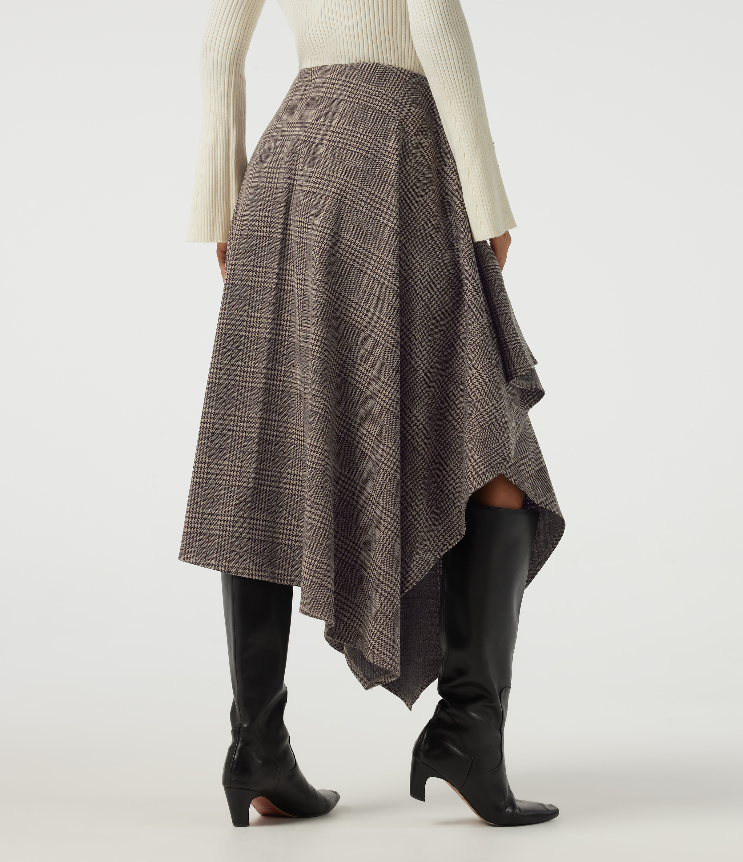Brown Houndstooth Plaid High Waisted Asymmetric Plaid A-Line Casual Midi Skirt with Pockets / 2
