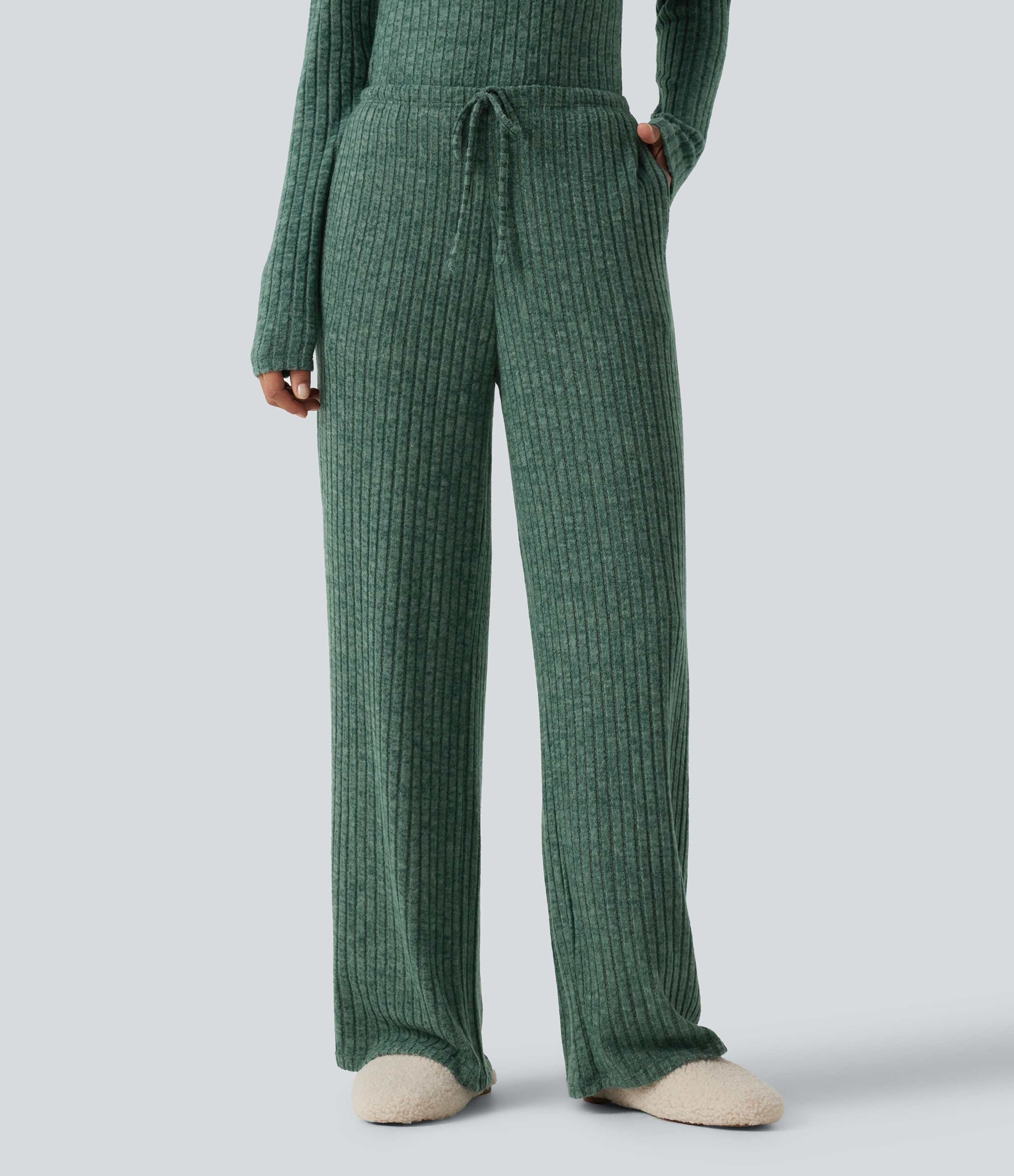 Ribbed Knit Mid Rise Drawstring Wide Leg Lounge Pants with Pockets