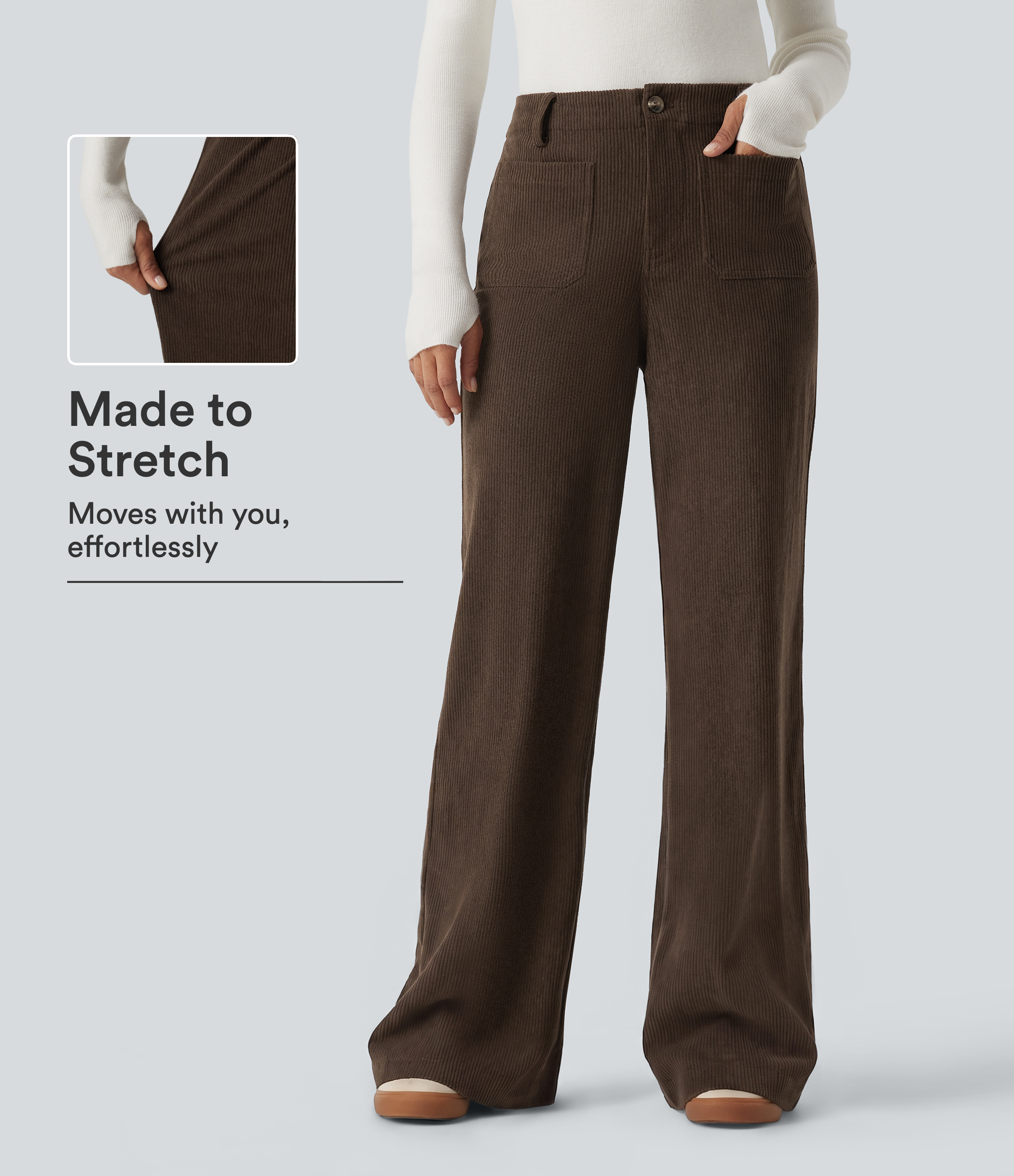 High Waisted Straight Leg Corduroy Casual Pants with Pockets