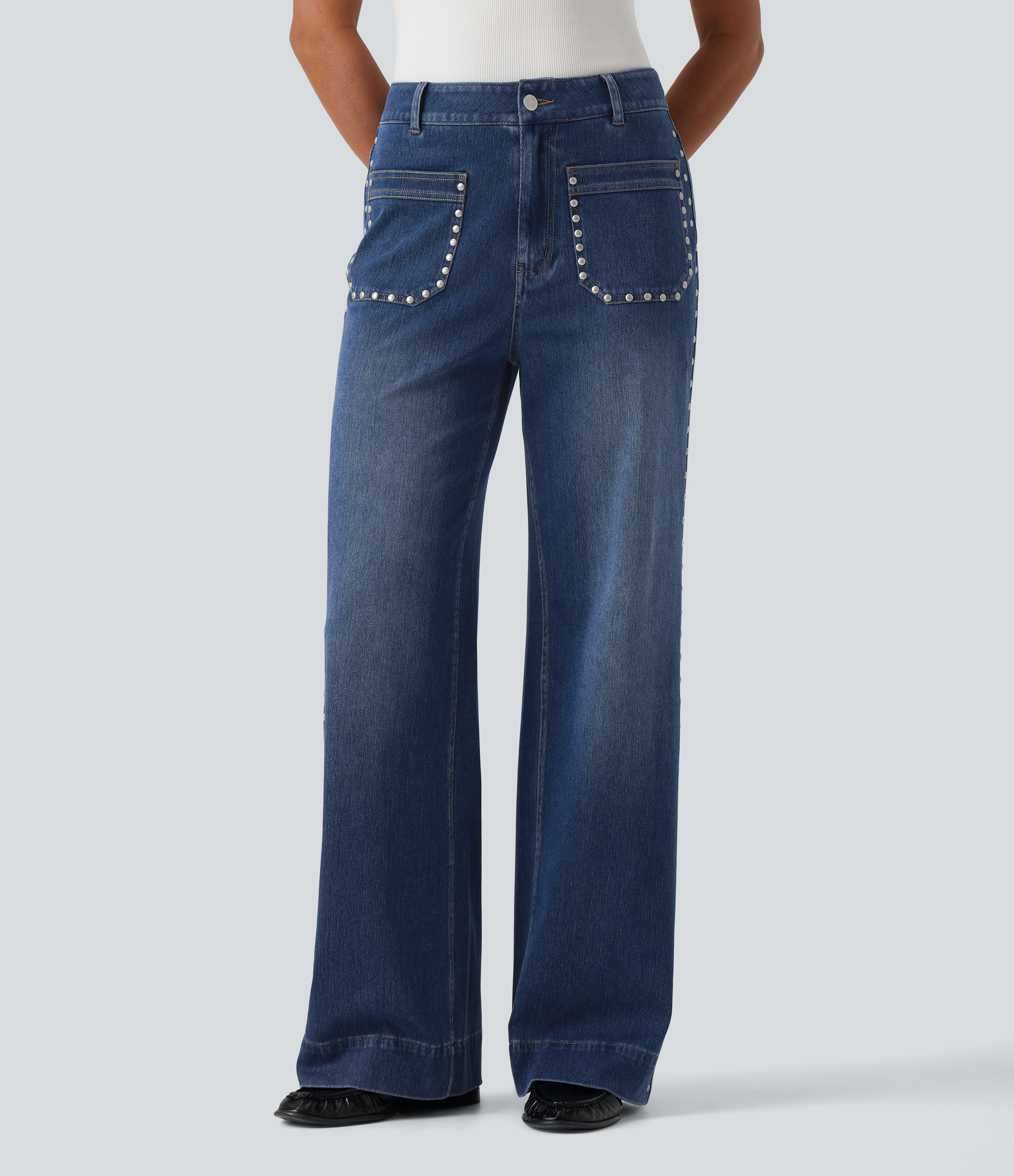 Estate Blue Denim Halara Flex™ High-Waist-Jeans mit weitem Bein und Taschen, lässiger Stil / 1