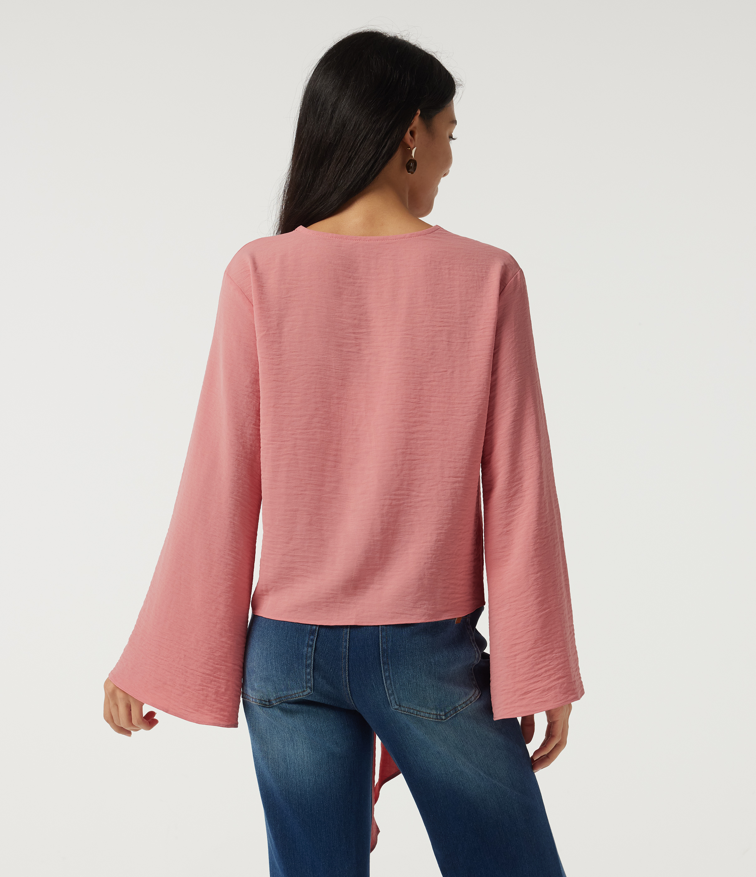 Mauveglow Deep V Neck Flounce Long Sleeve Tie Front Contrast Lace Resort Blouse / 2