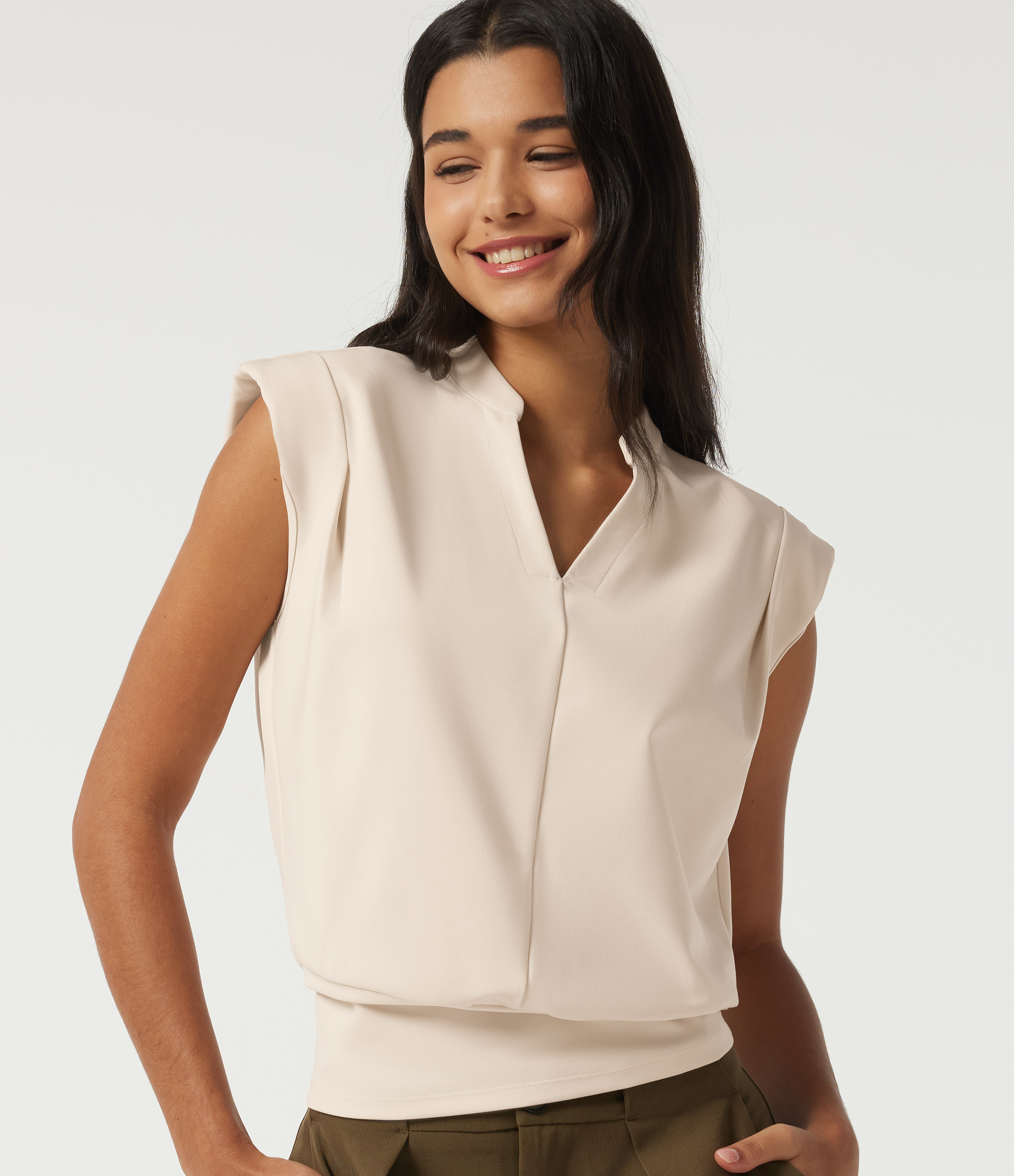 V Neck Cap Sleeve Ruched Work Blouse