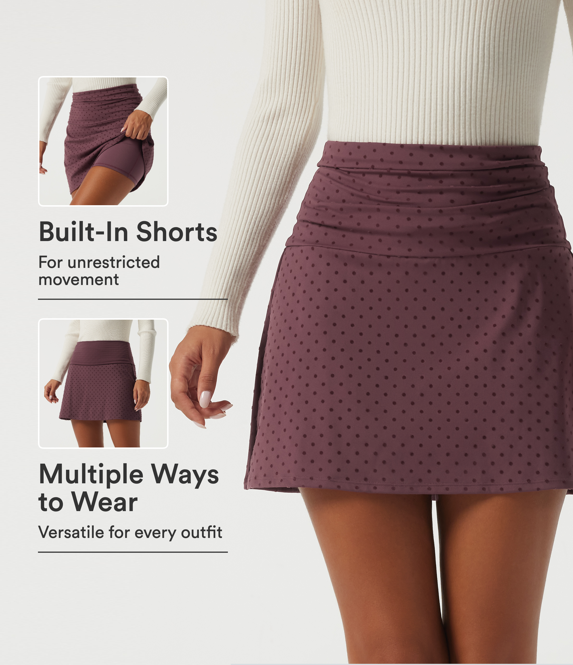 High Waisted 2-in-1 Ruched A-Line Polka Dot Velvet Casual Mini Skirt