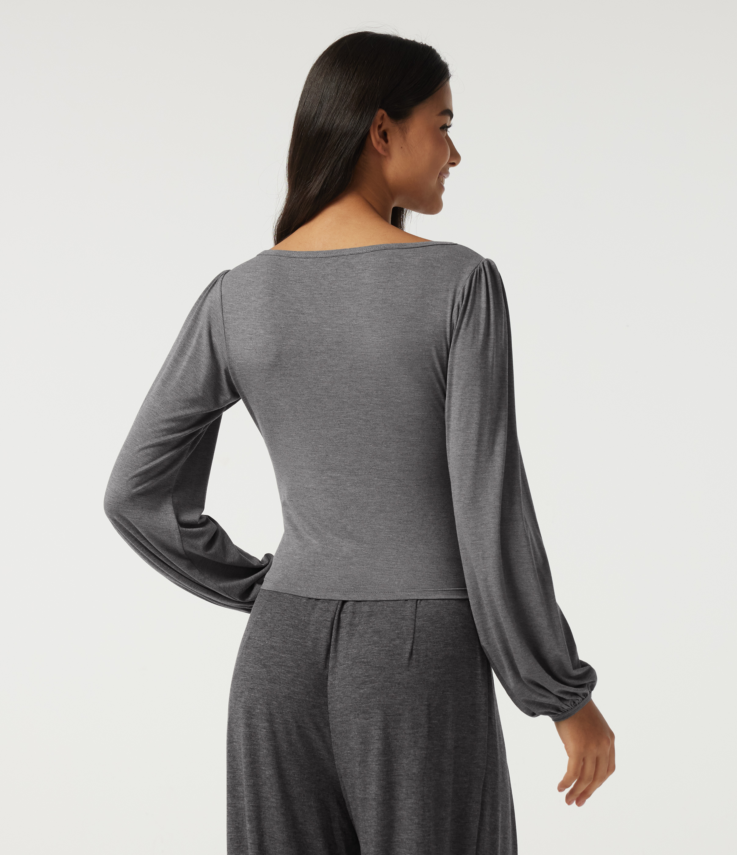 Light Mottled Grey Camiseta casual de manga larga con escote en V / 2