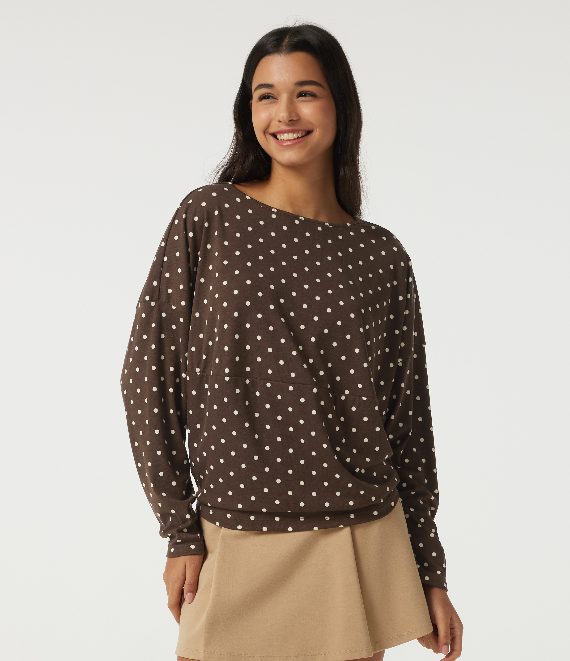 Boat Neck Dropped Long Sleeve Polka Dot Casual Top