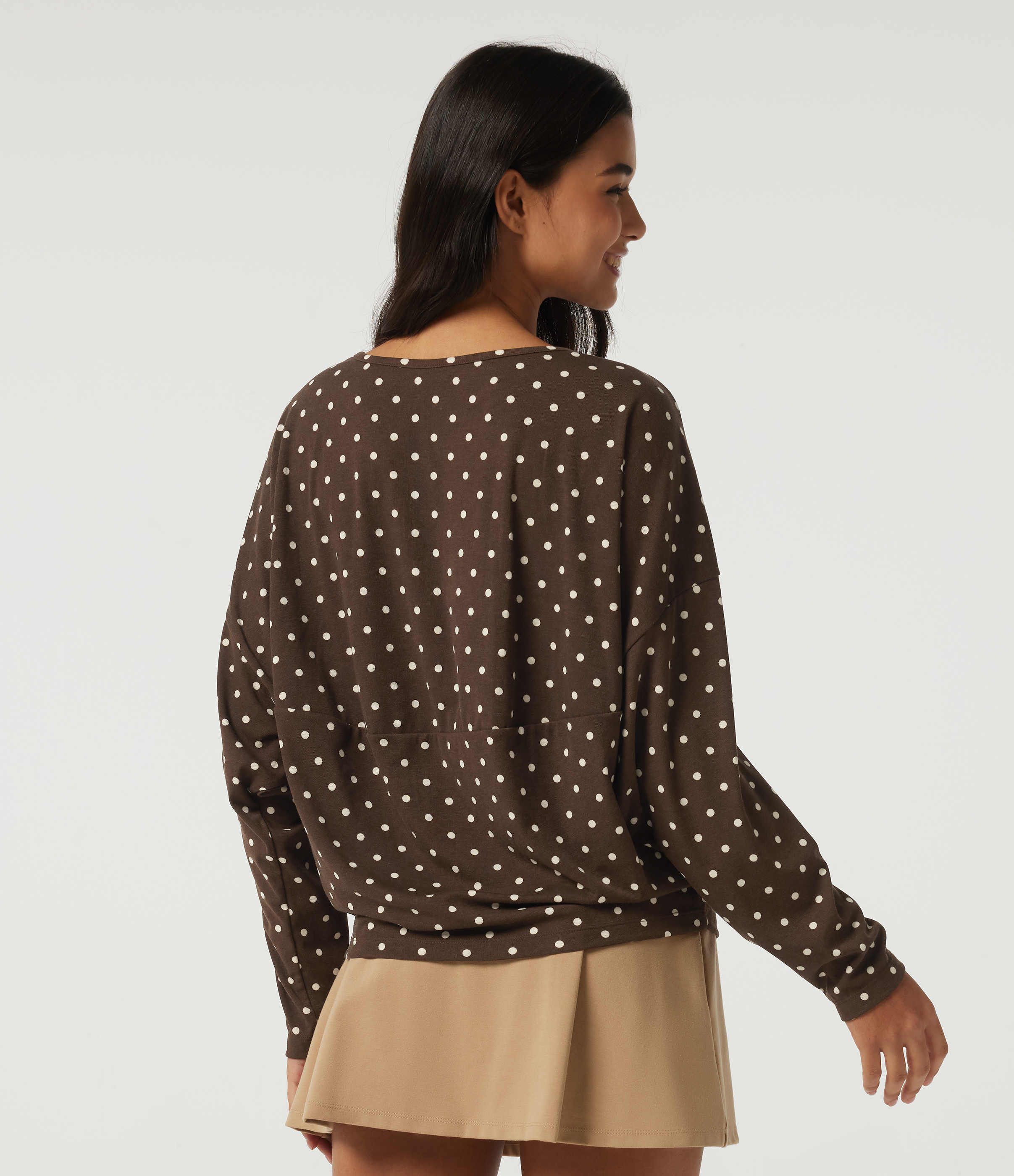 Cocoa Cream Dot Boat Neck Dropped Long Sleeve Polka Dot Casual Top / 2