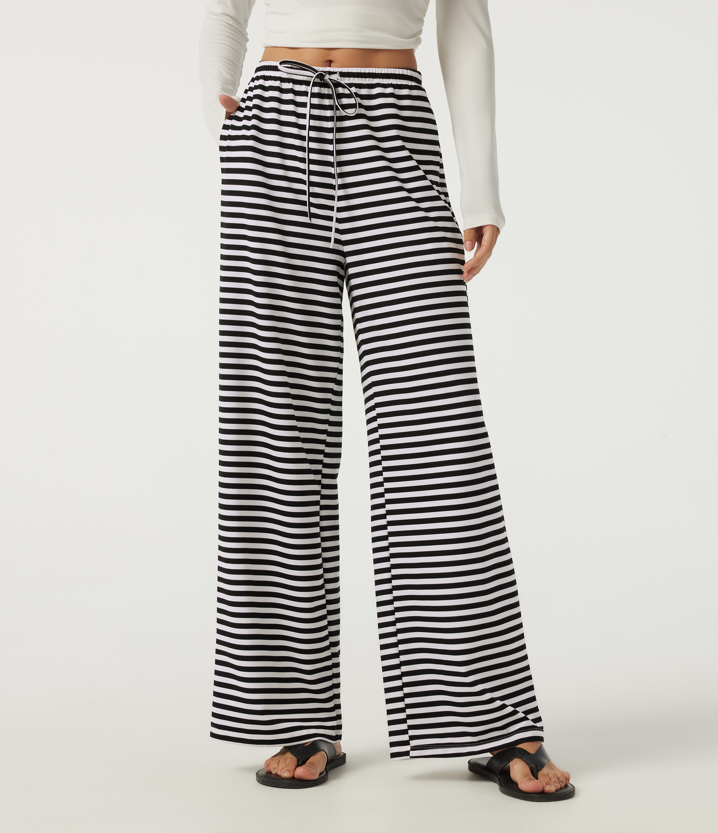 Mid Rise Drawstring Baggy Stripe Waffle Lounge Pants with Pockets
