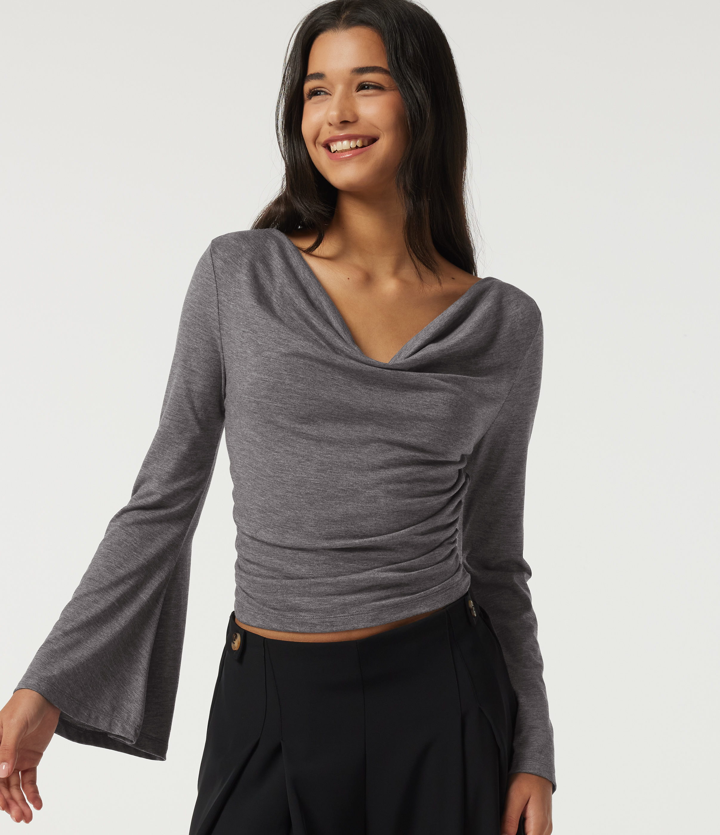 Cowl Neck Flounce Long Sleeve Casual T-Shirt
