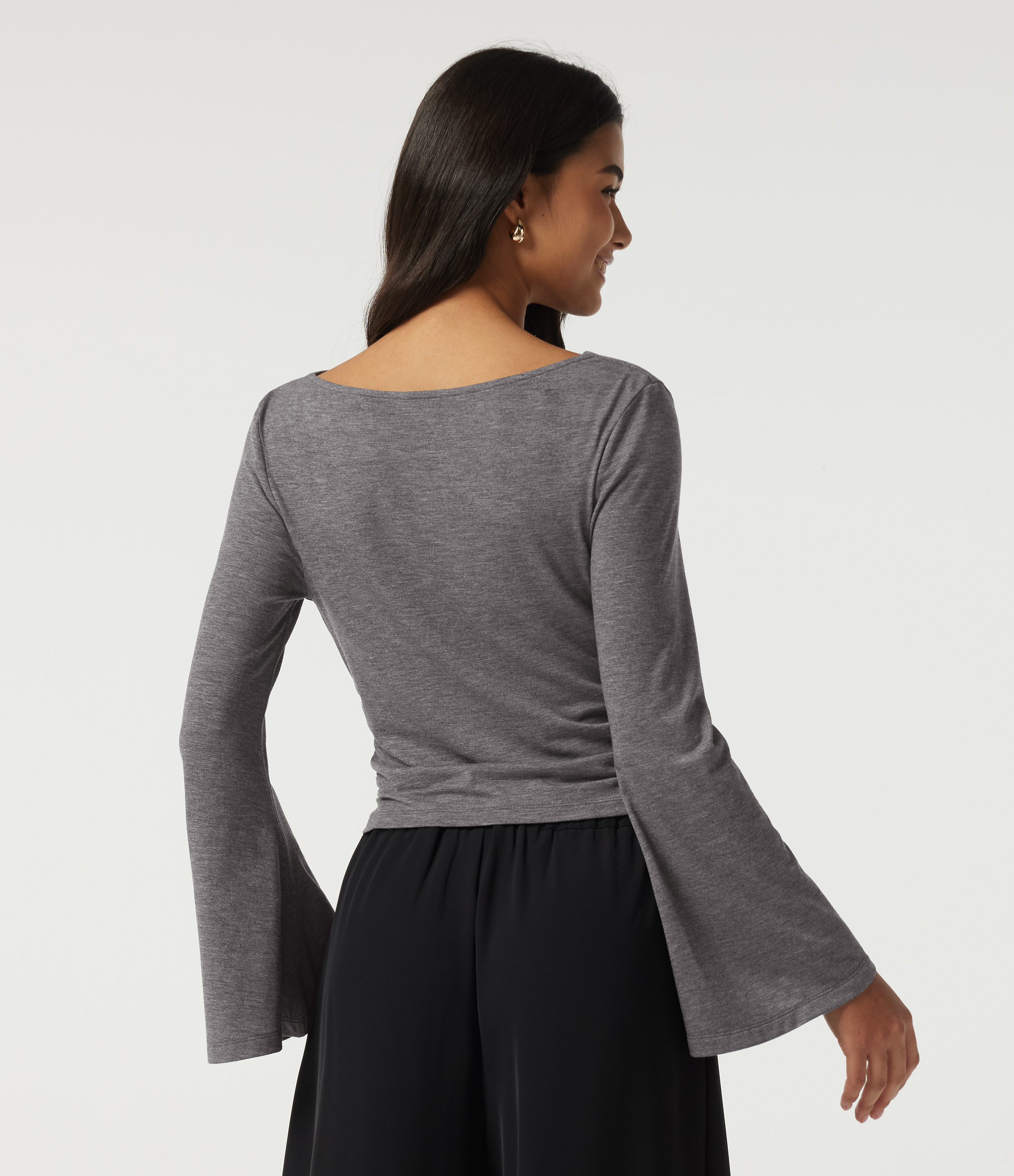 Darl Gray Floral Yarn Cowl Neck Flounce Long Sleeve Casual T-Shirt / 2