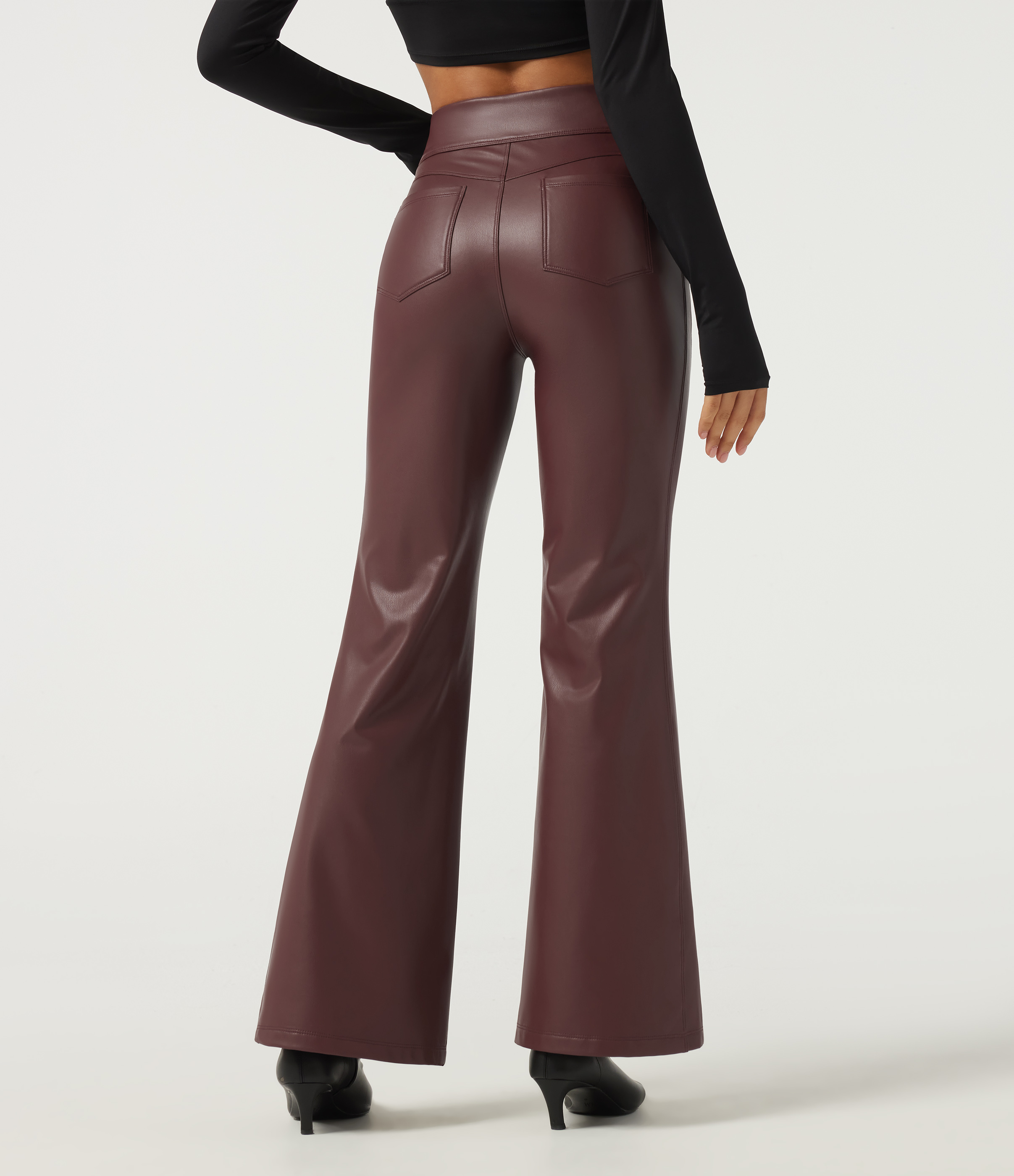 Andorra High Waisted Flare Contrast Mesh Stretchy PU Fleece Casual Pants with Pockets / 2
