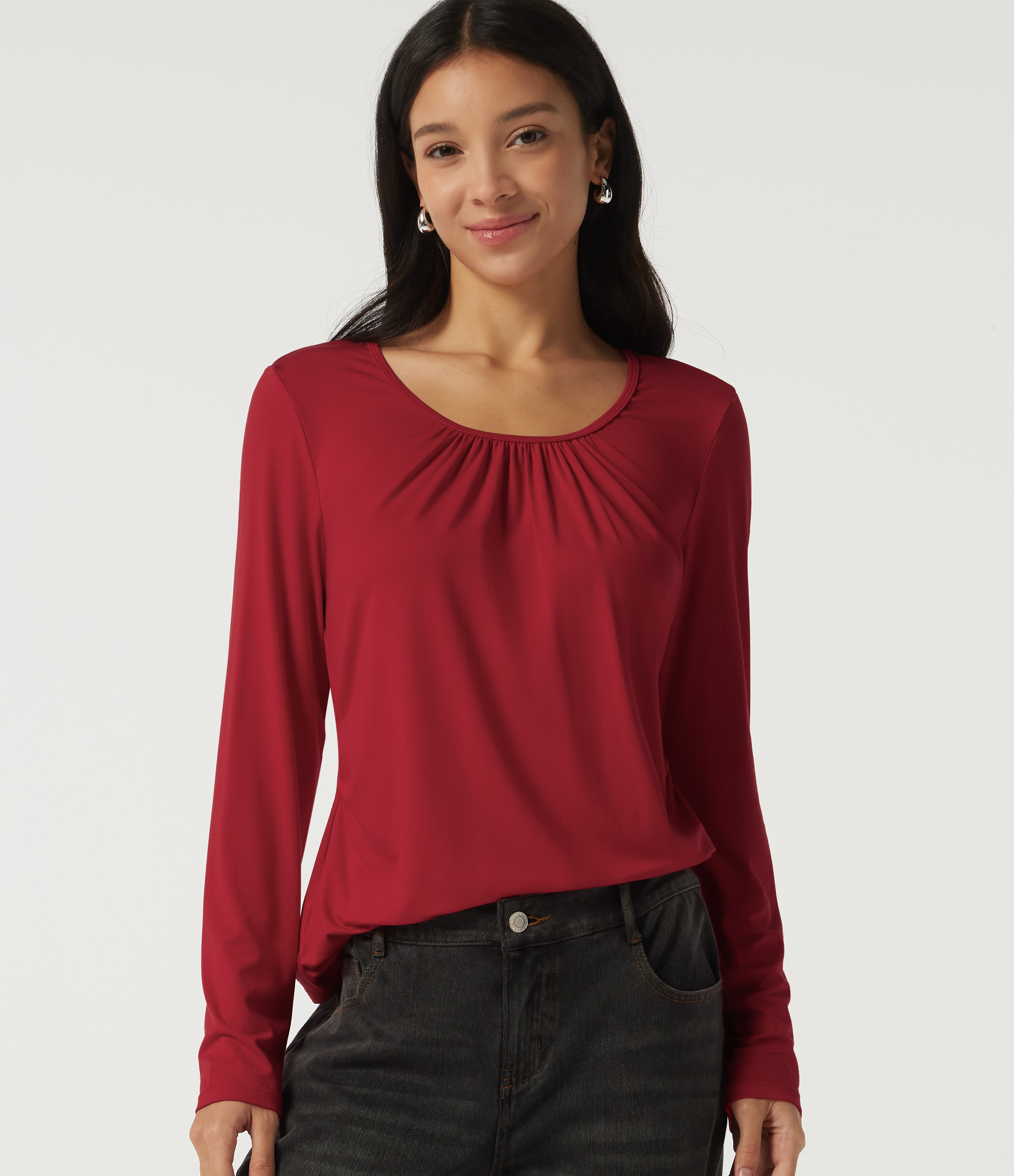 U Neck Long Sleeve Ruched Work Top