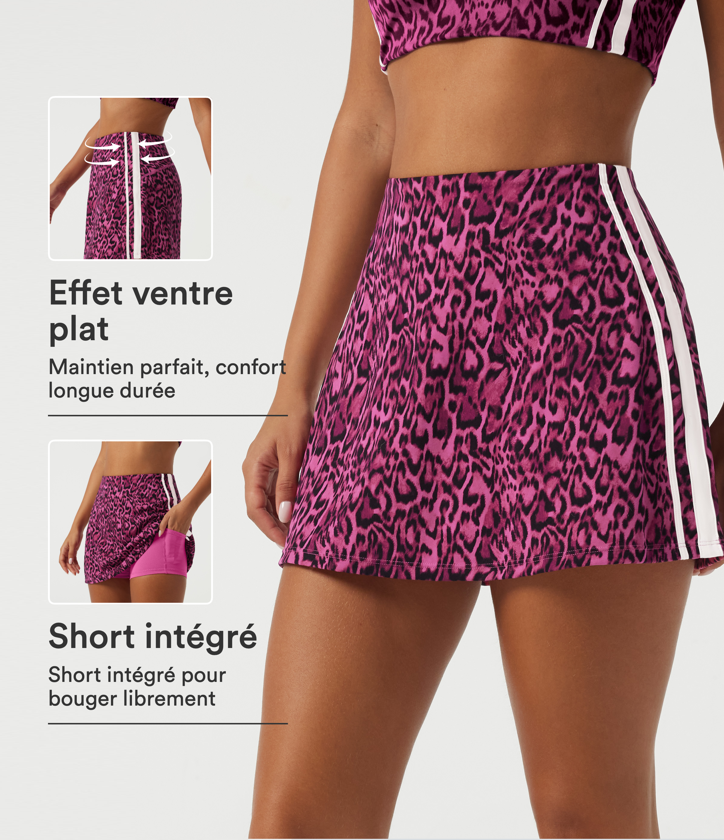 Jupe-short d’entraînement mini gainante taille haute coupe trapèze à imprimé léopard et bandes latérales avec poches