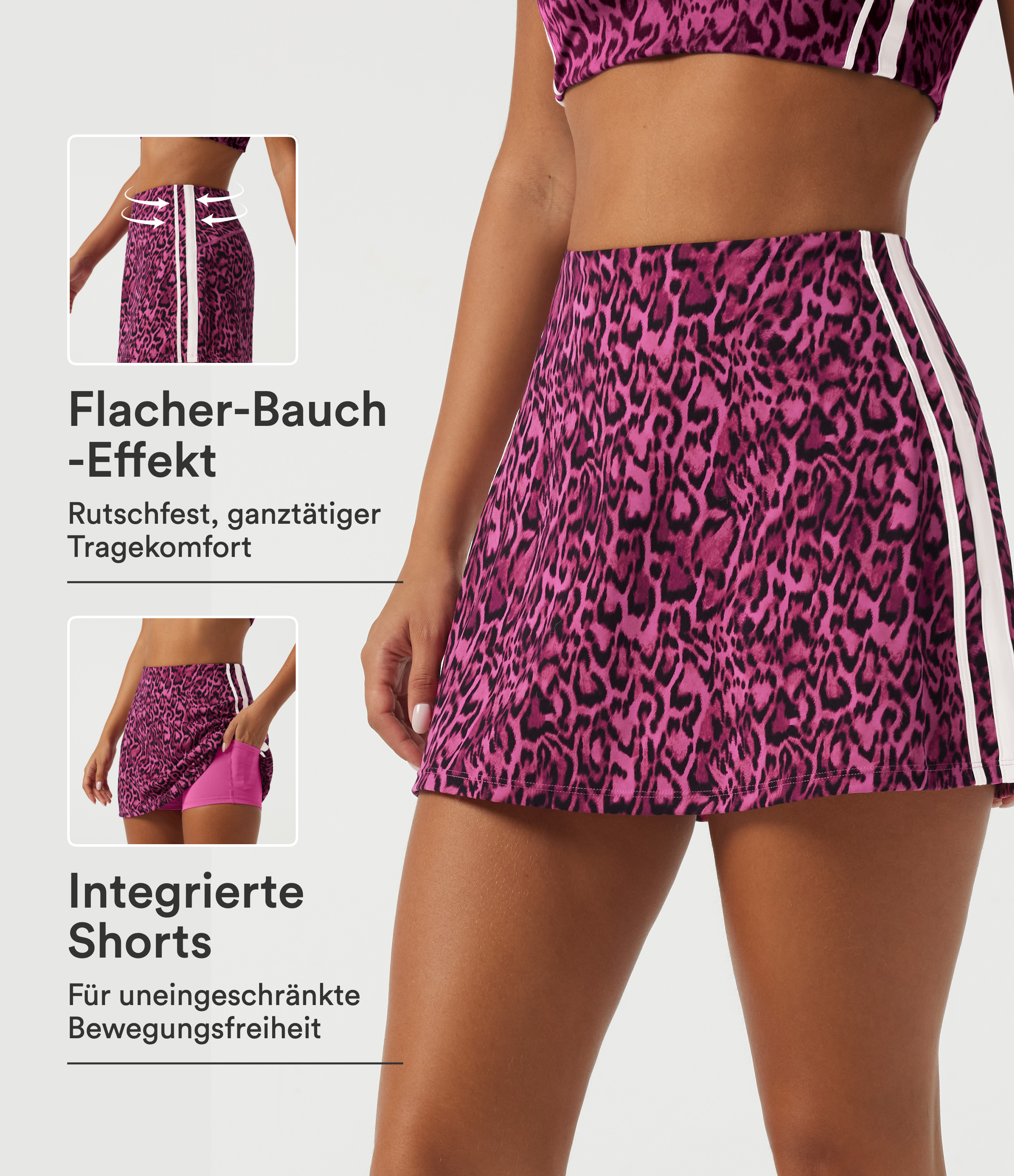 2-in-1 Workout-Minirock in A-Linie mit hohem Bund, Seitentaschen, Bauchkontrolle, seitlichen Streifen, Leopardenmuster und integrierten Shorts