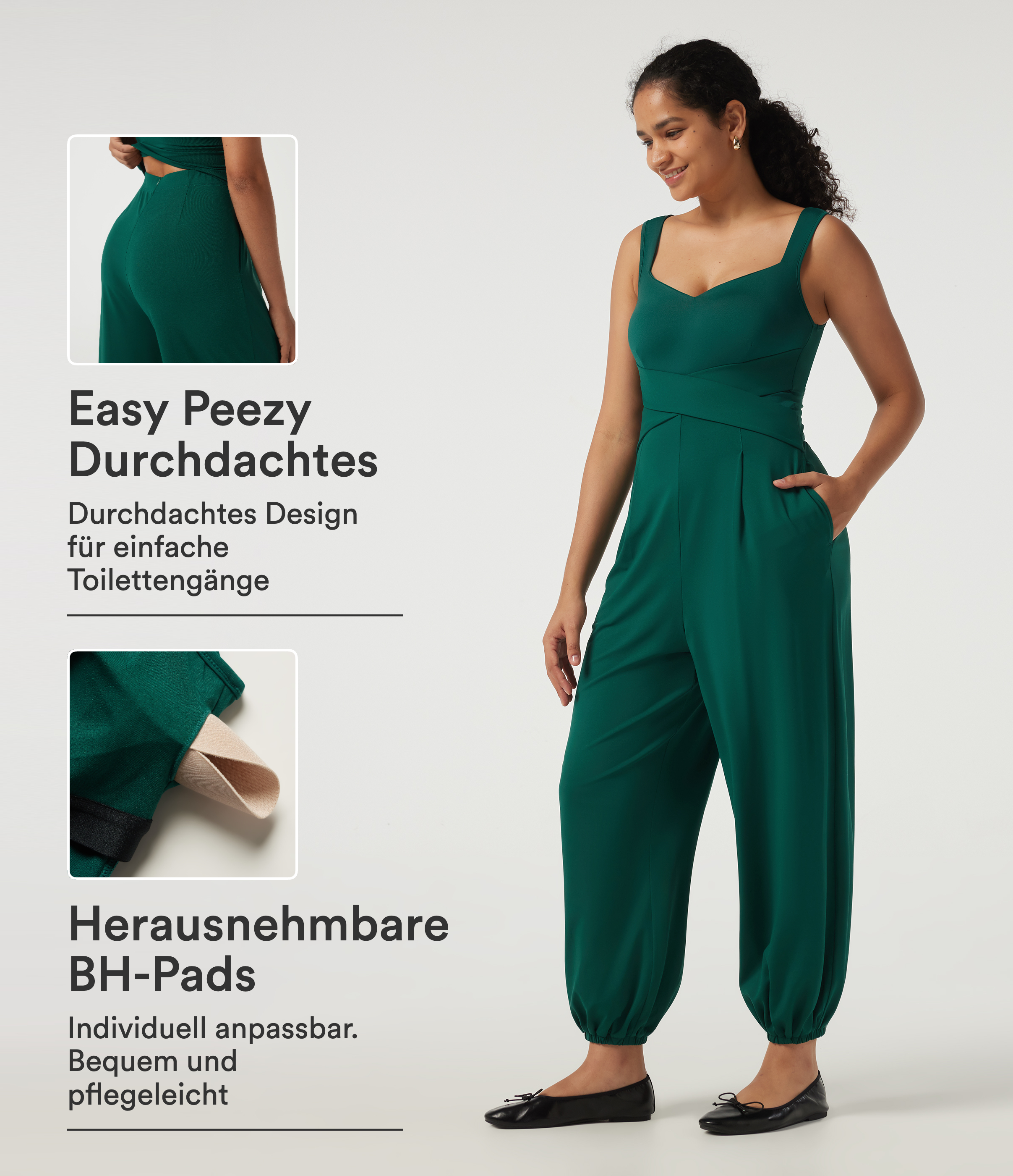 Ärmelloser Jumpsuit mit Diamantkragen, Seitentaschen und integriertem BH - Easy Peezy Edition