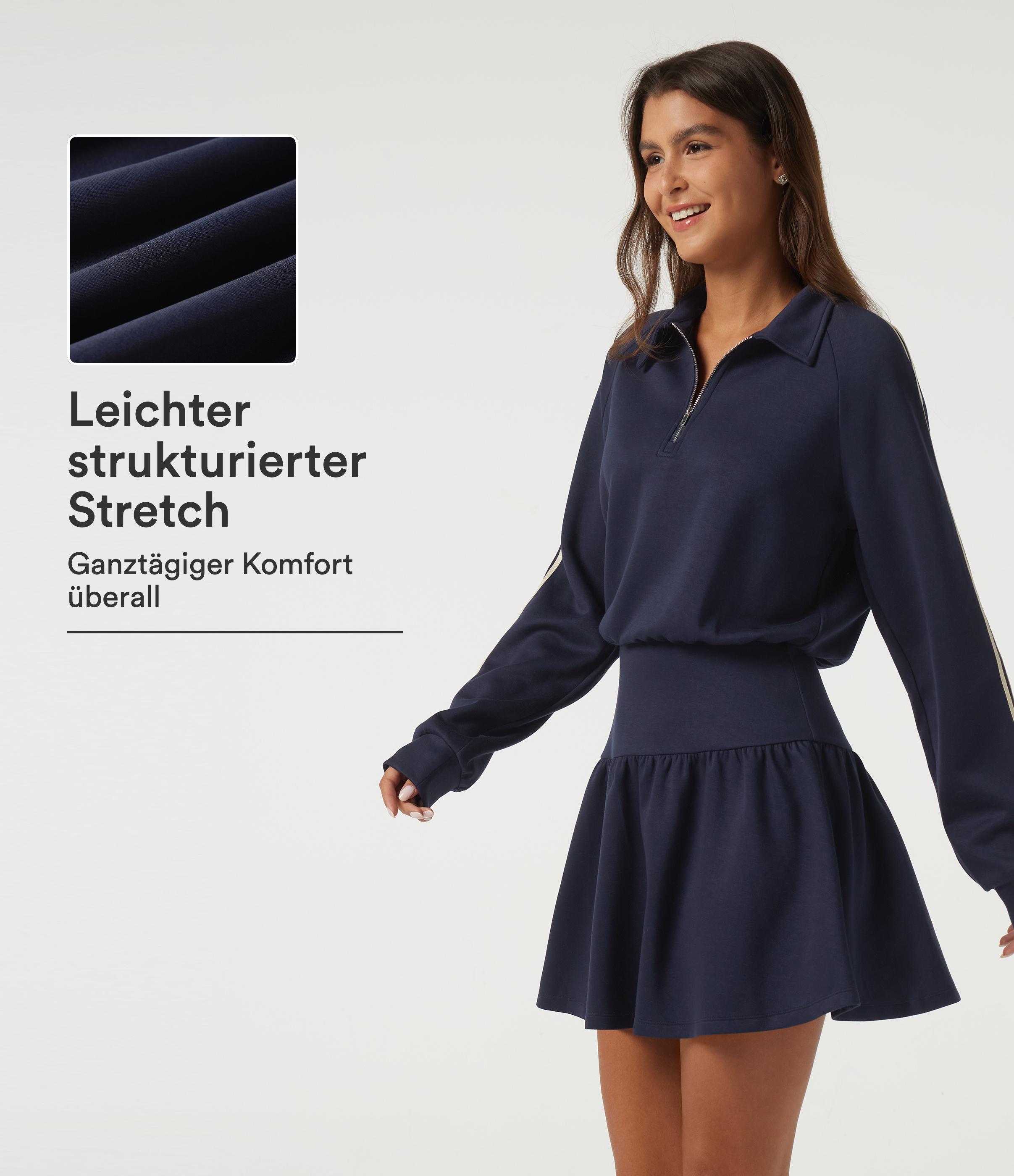 Midnight Blue Robe-sweat mini décontractée à col à revers, manches longues raglan et bande latérale / 1