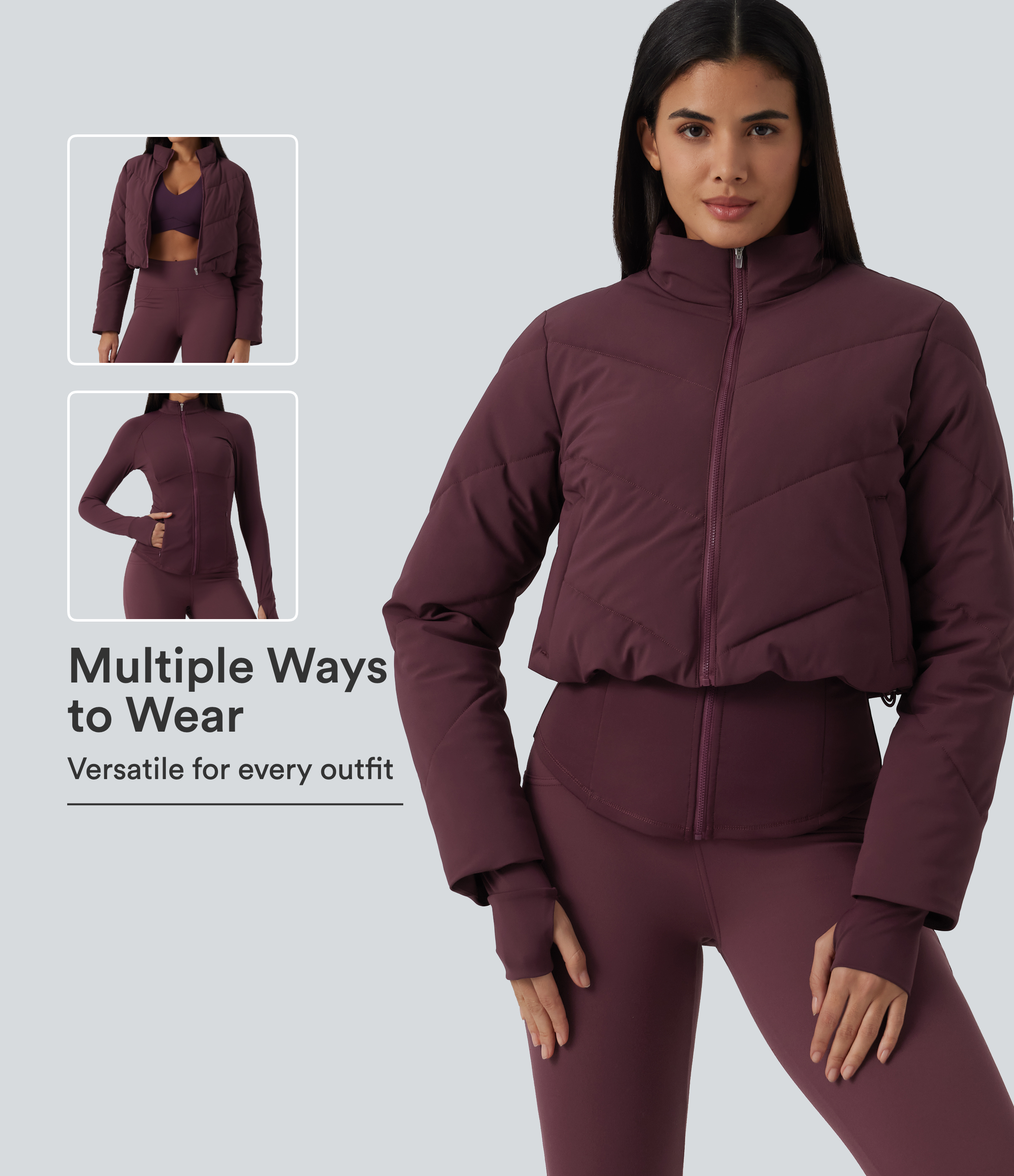 PuffFlex 3-in-1 High Neck Long Sleeve Padded Jacket with Thumbholes and Pockets