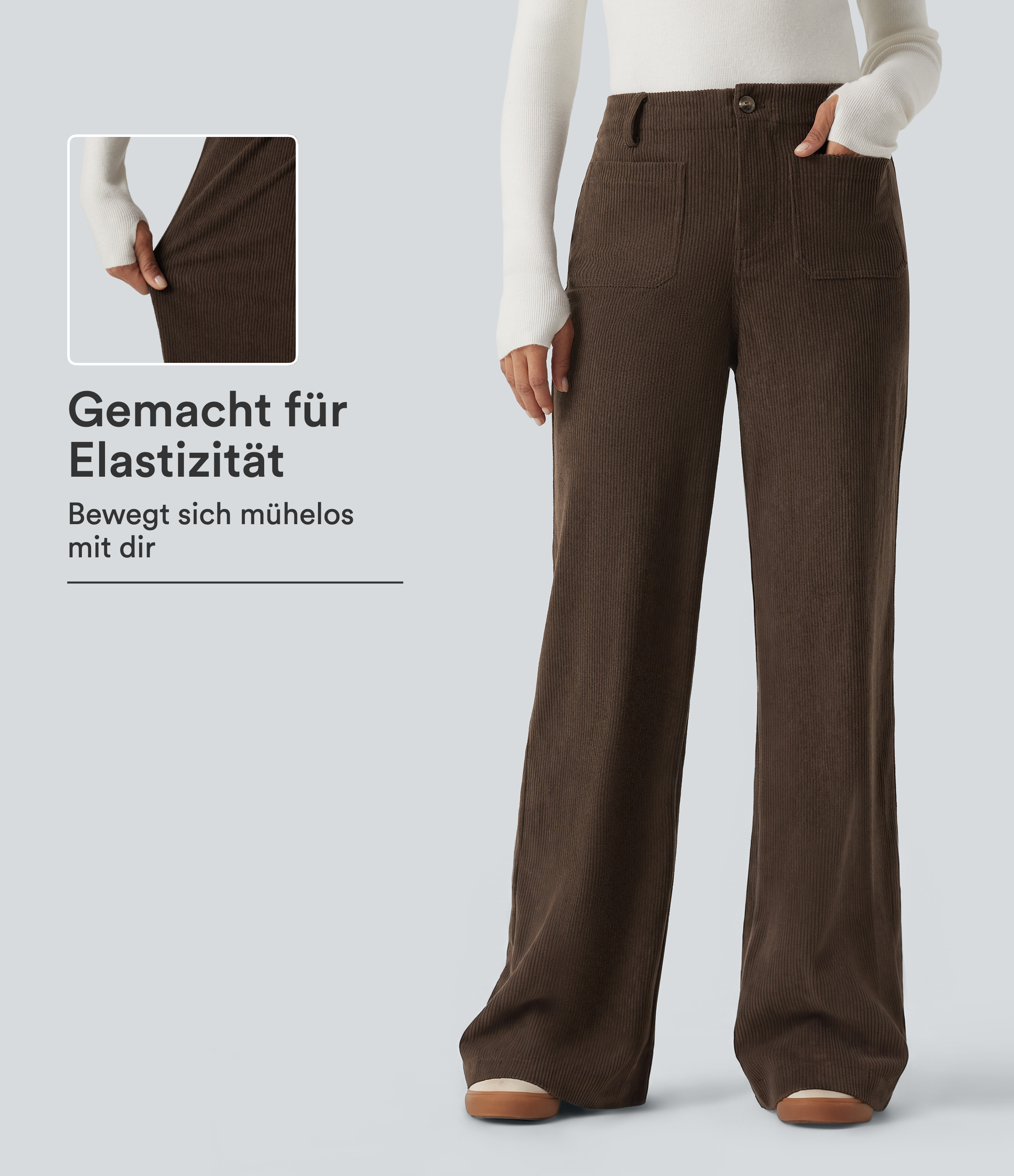 Lässige Cordhose mit hohem Bund, mehreren Taschen und geradem Bein