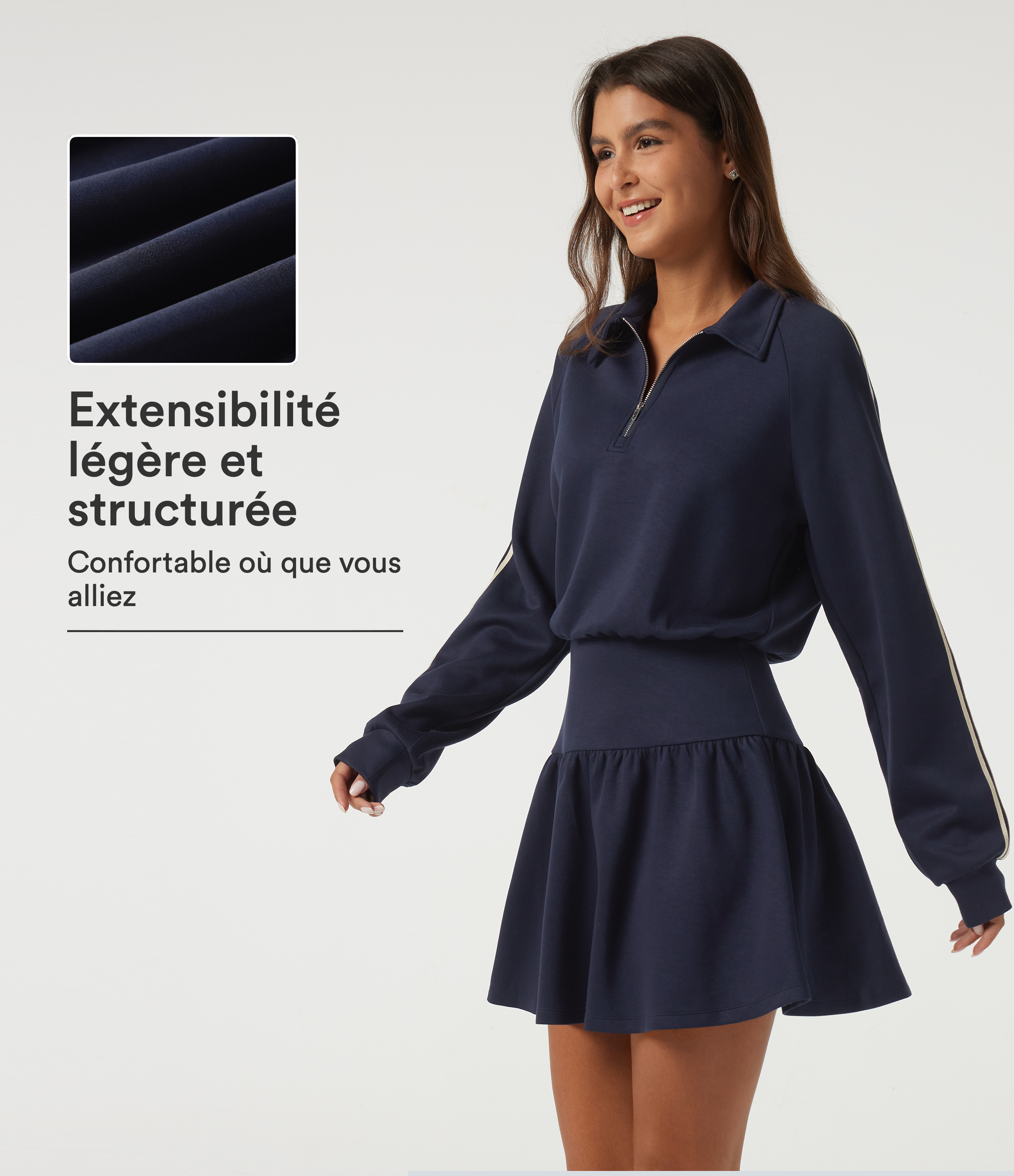 Robe sweatshirt mini à col à revers, manches raglan et bandes latérales
