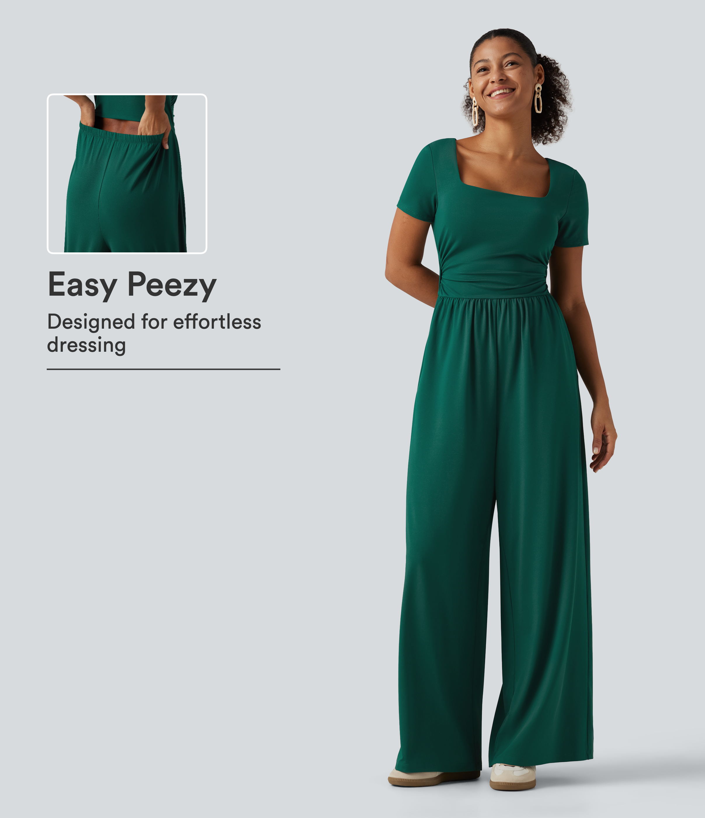 Square Neck Short Sleeve Wide Leg Casual Jumpsuit with Pockets - Easy Peezy Edition