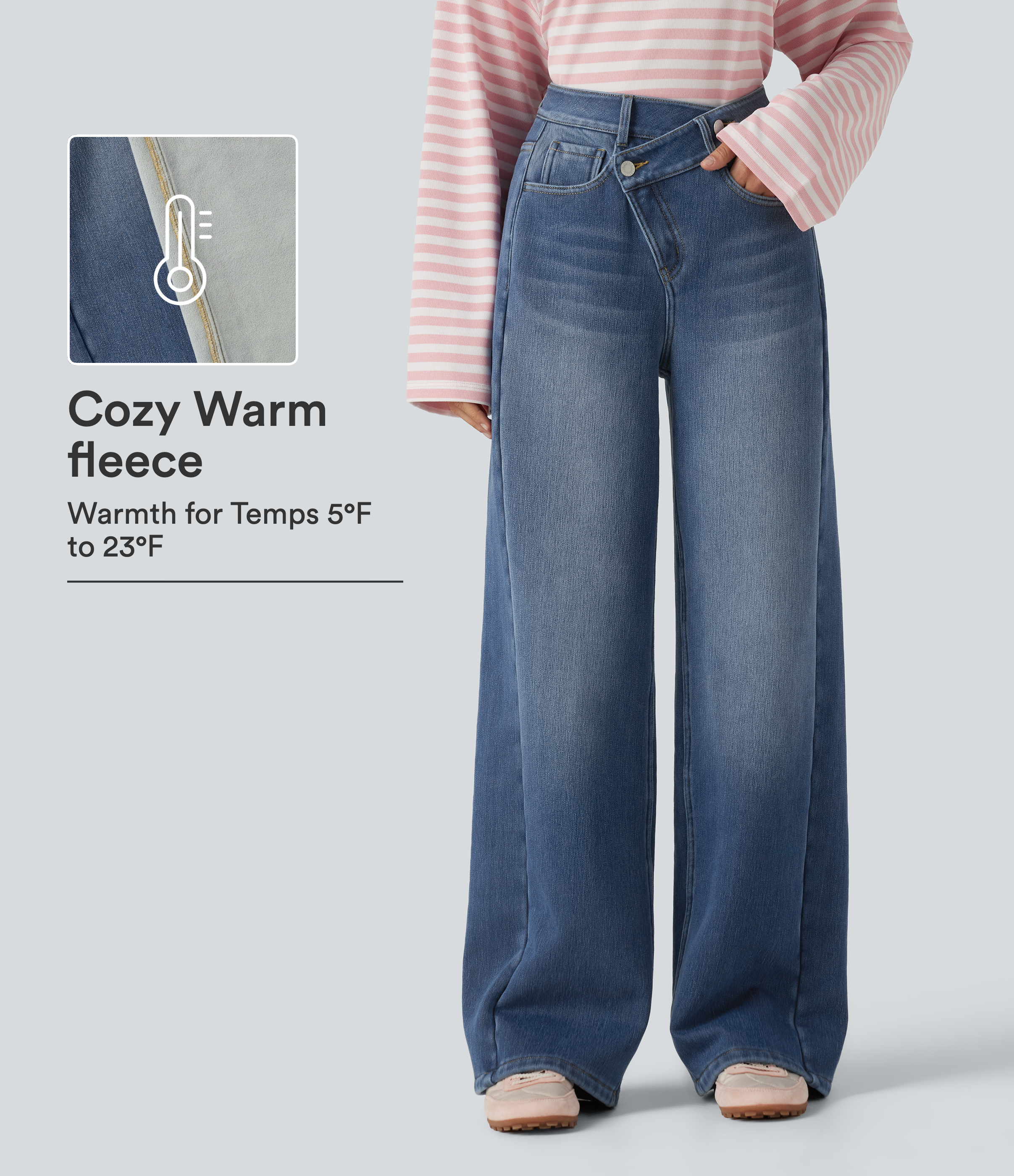 High Waisted Asymmetric Baggy Fleece Casual Cotton Jeans with Pockets