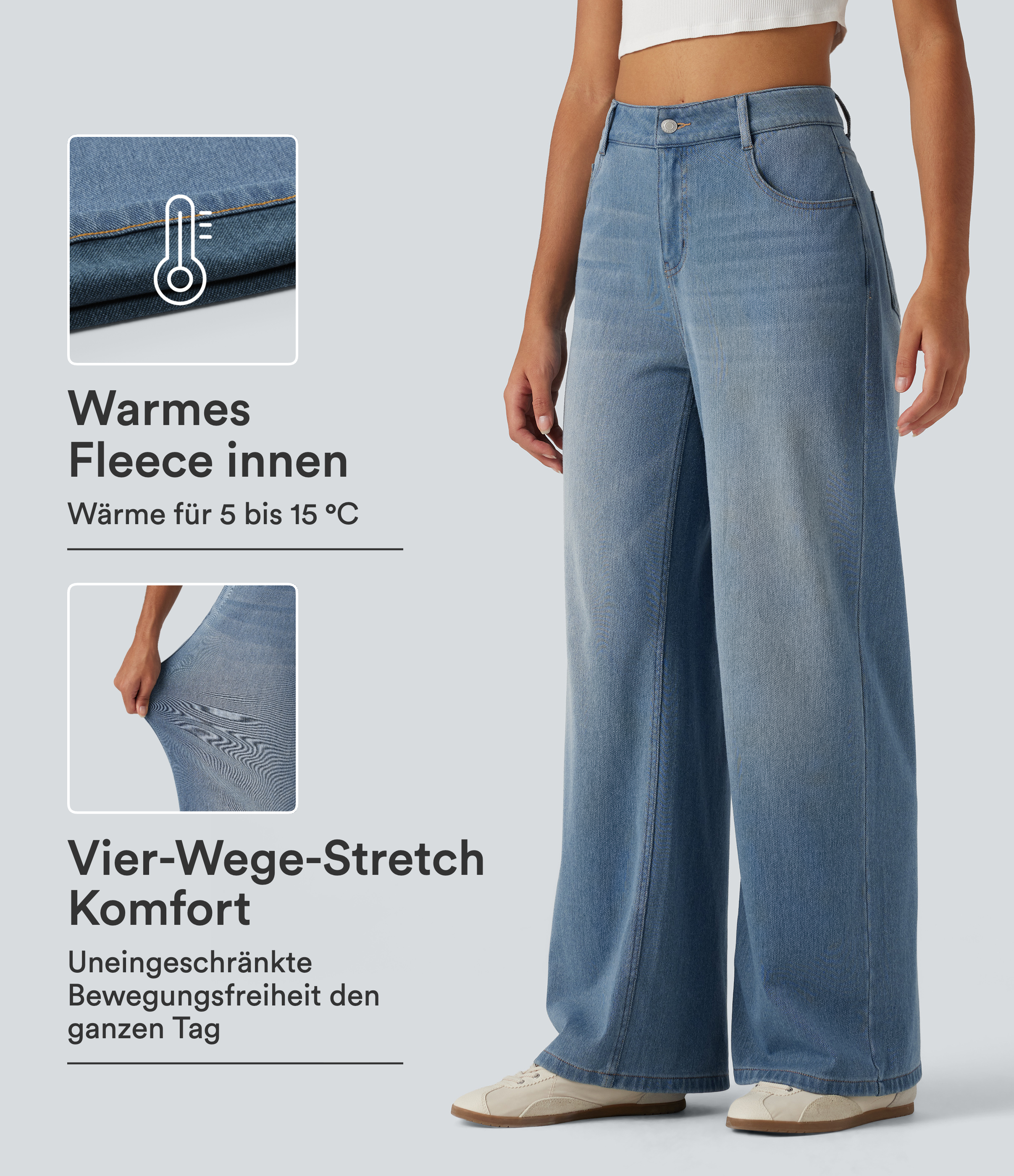 Halara Flex™ Denim Heat - Lässige Jeans mit mittelhohem Bund, mehreren Taschen und weitem Bein