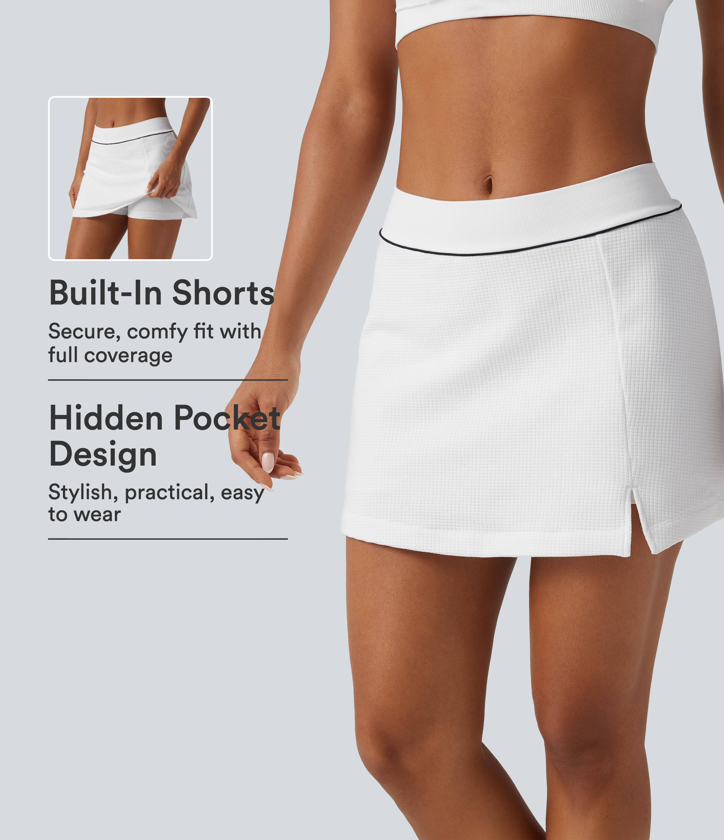 White Mid Rise A-Line OneForm Seamless Mini Skort with Built-in Shorts and Pocket / 2