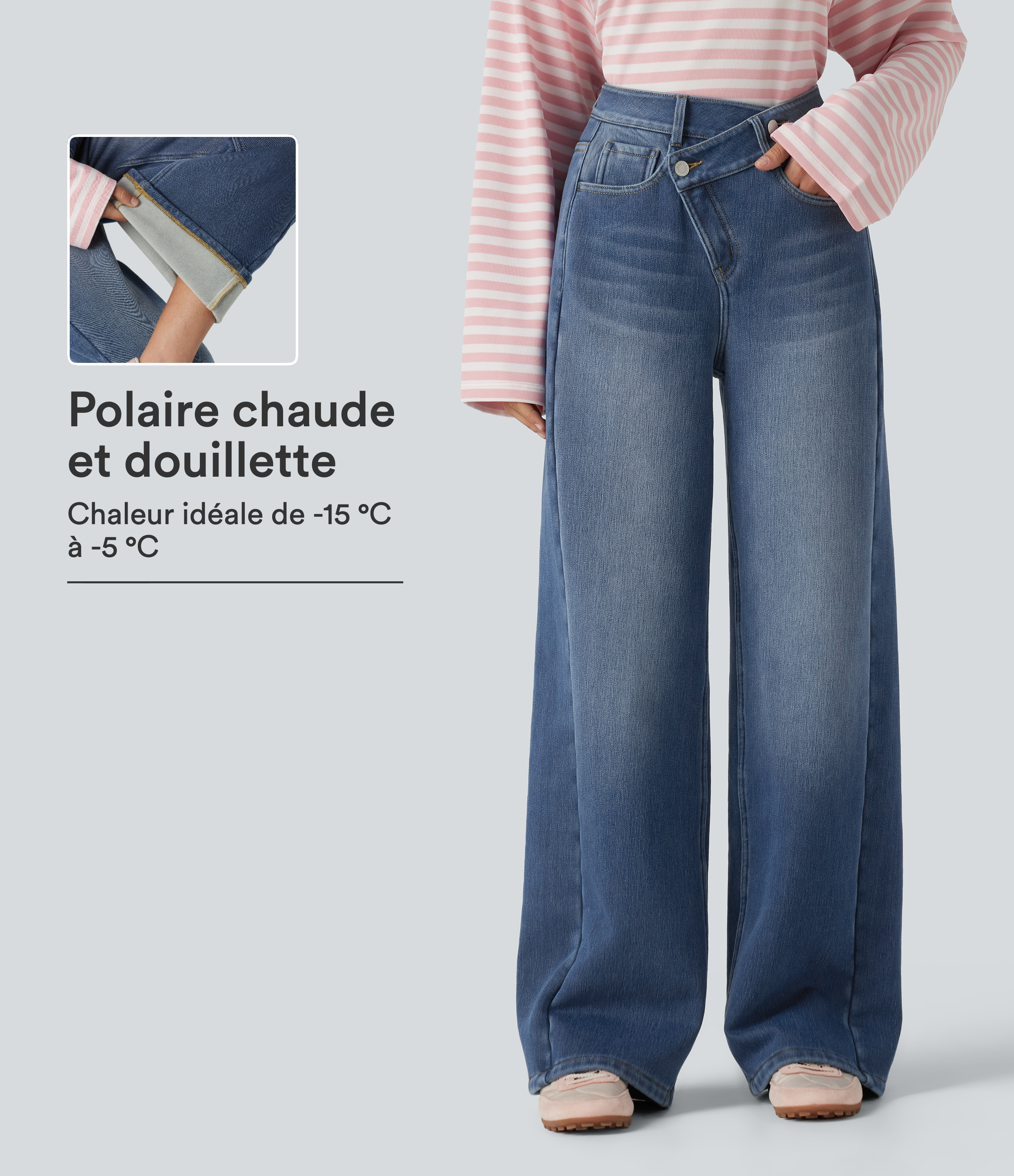 Jean baggy en coton doublé polaire taille haute asymétrique avec poches