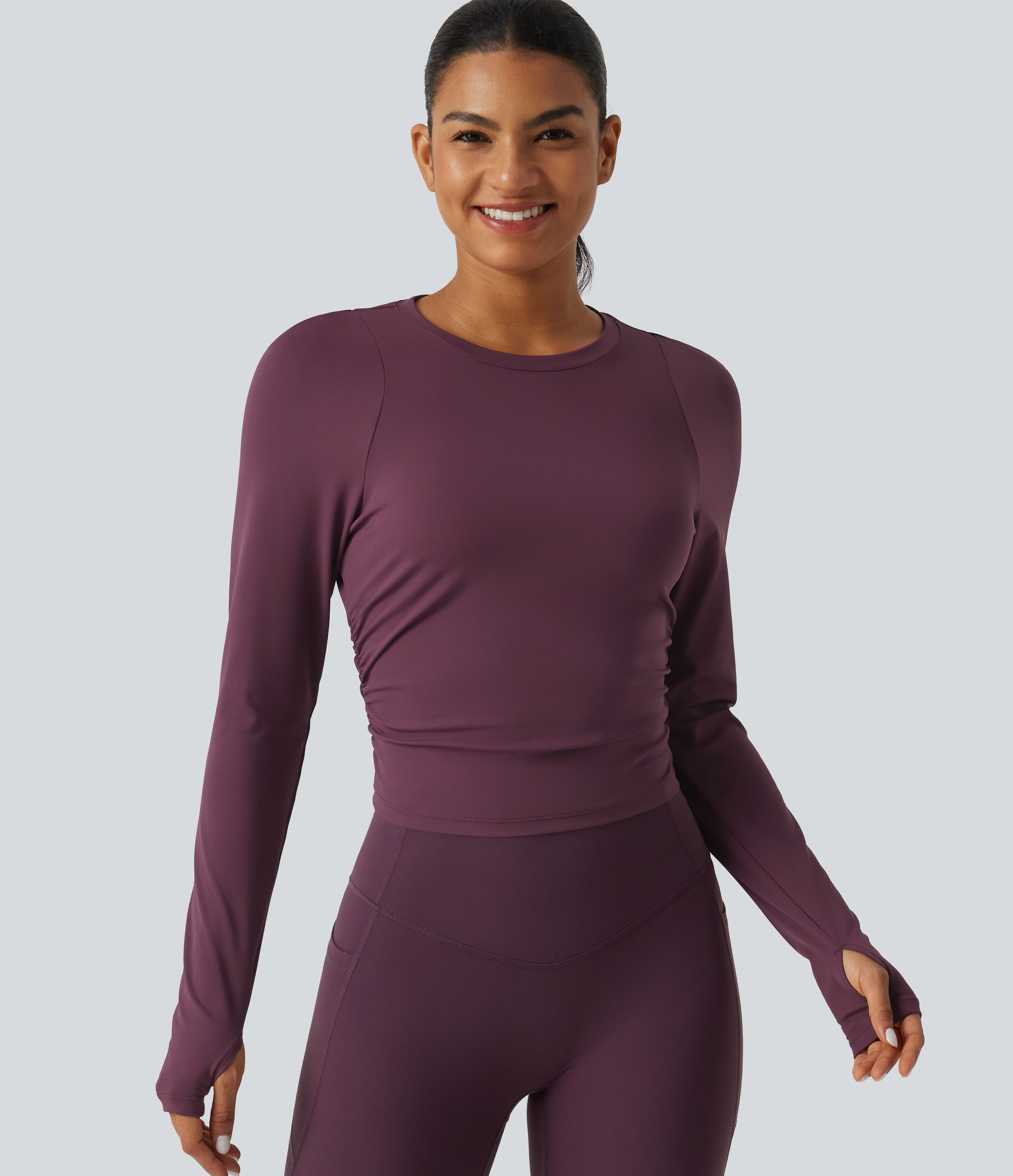 SoftlyZero™ Airy Round Neck Long Sleeve Ruched InstantCool Yoga Sports Top with Thumbholes