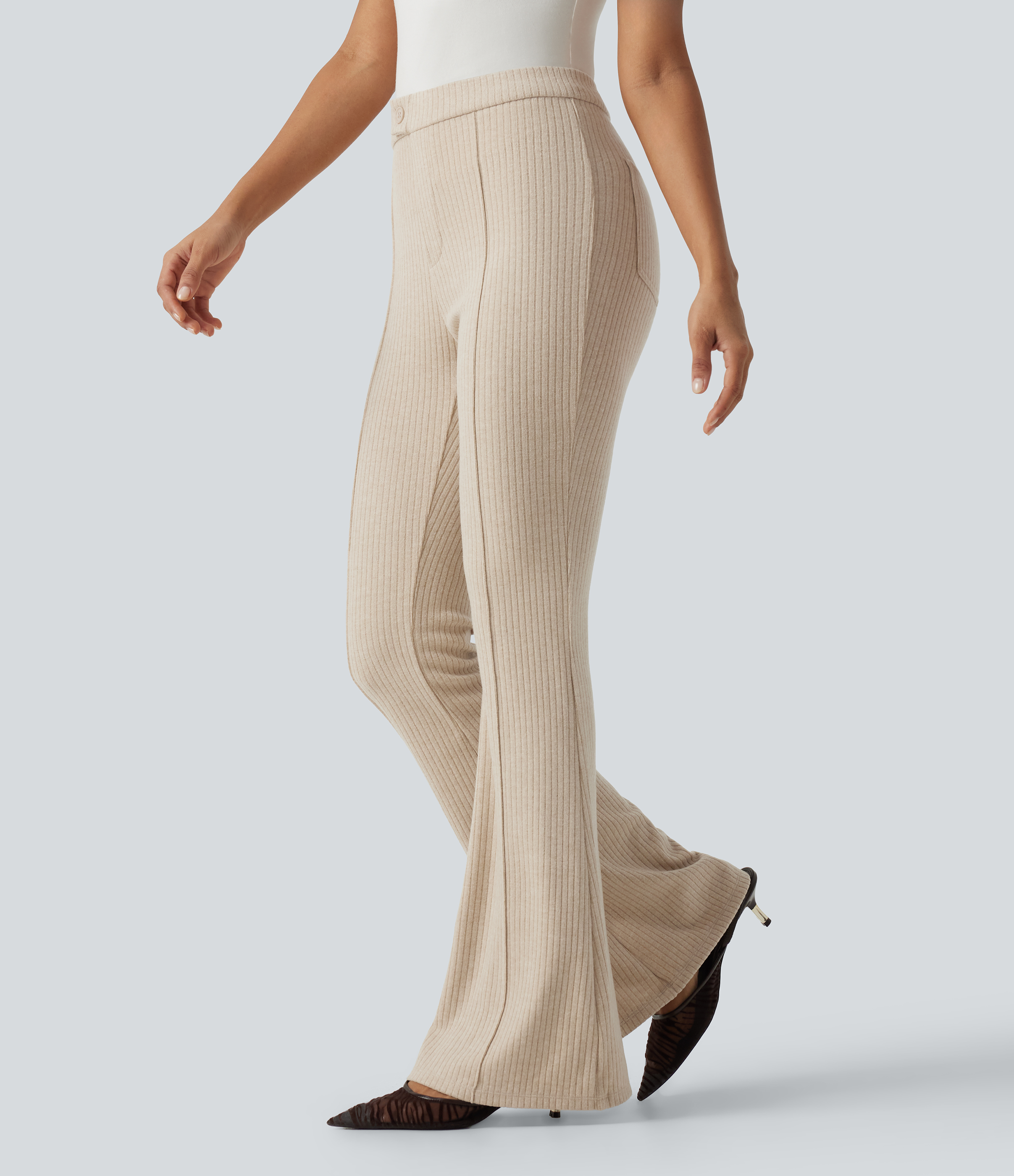 Ribbed Knit High Waisted Pintuck Casual Flare Pants with Pockets