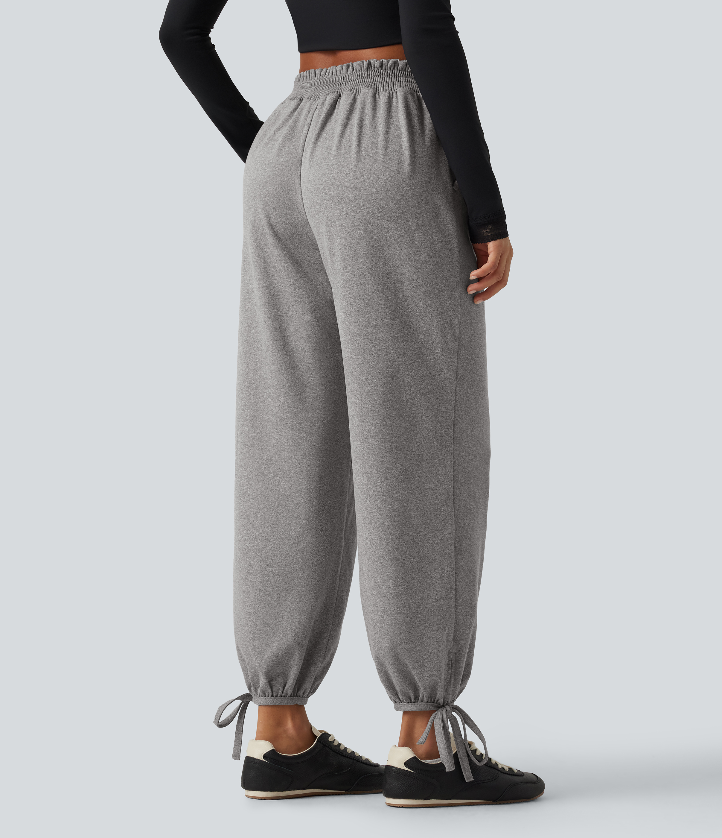 Fog Gray Jogging taille mi-haute à taille froncée et lacets avec poches / 2
