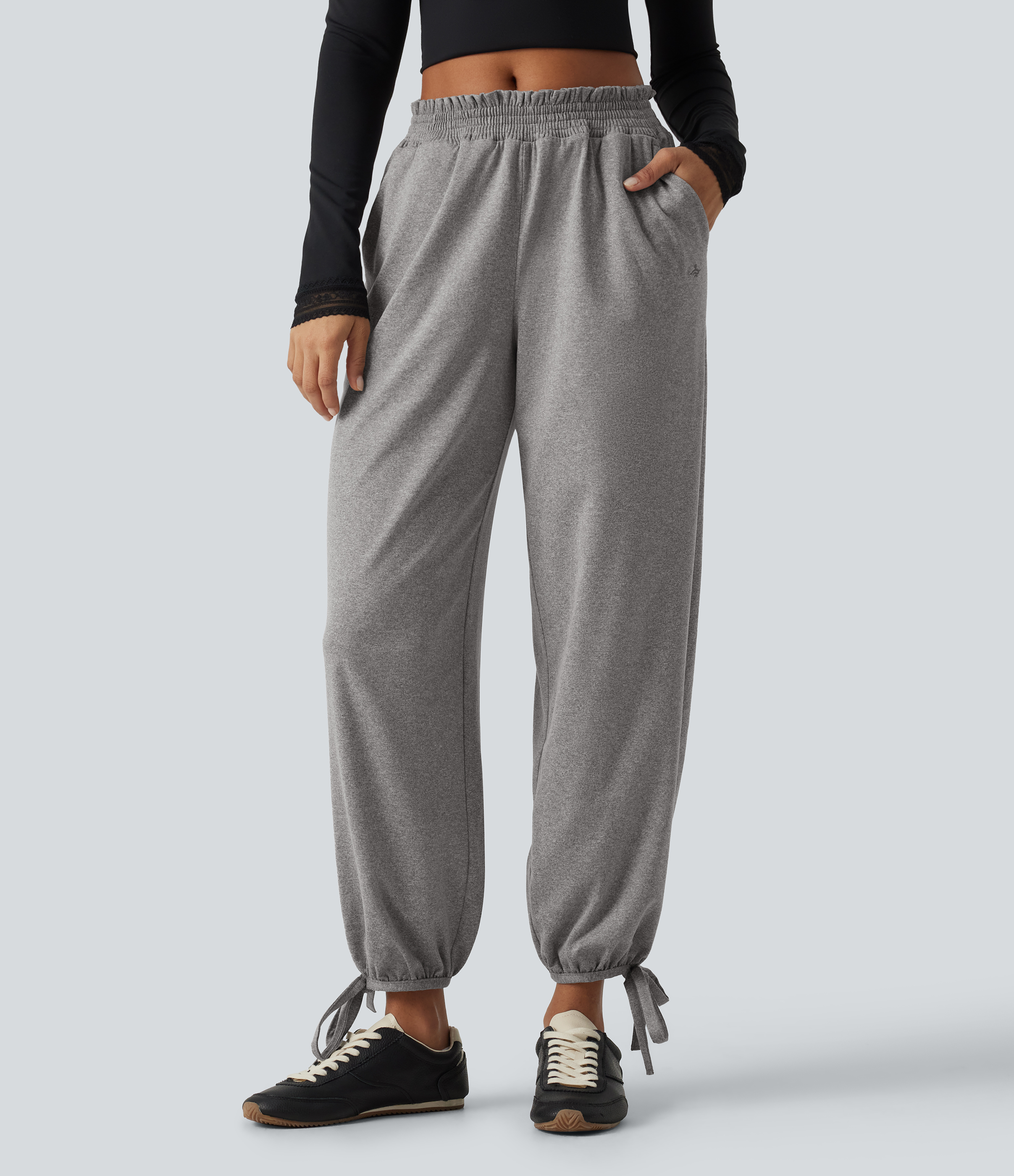 Mid Rise Shirred Lace Up Casual Sweatpants with Pockets