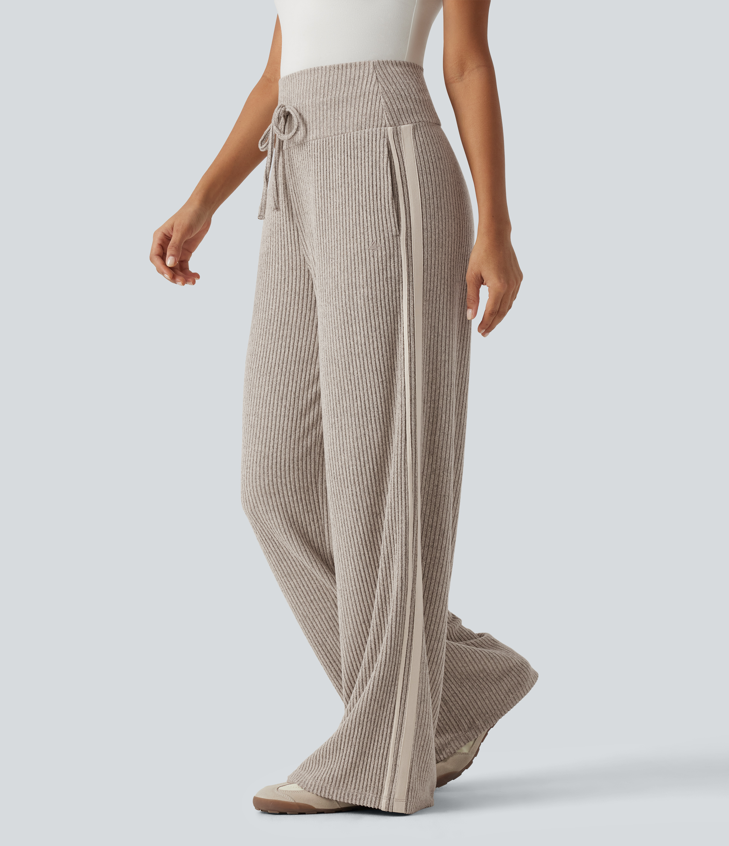 Ribbed Knit High Waisted Drawstring Side Stripe Casual Pants with Pockets
