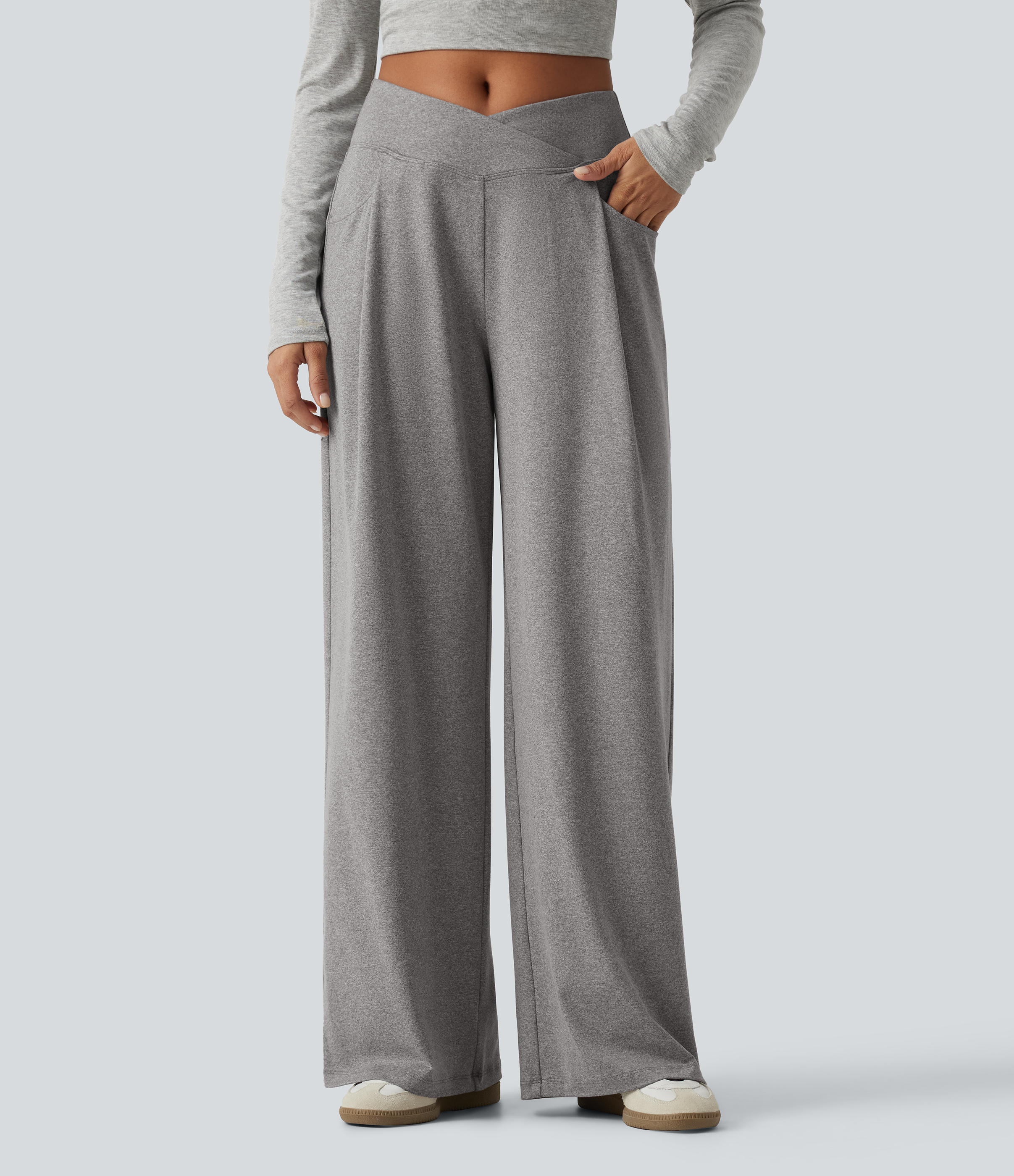 High Waisted Crossover Heathered Wide Leg Casual Pants with Pockets