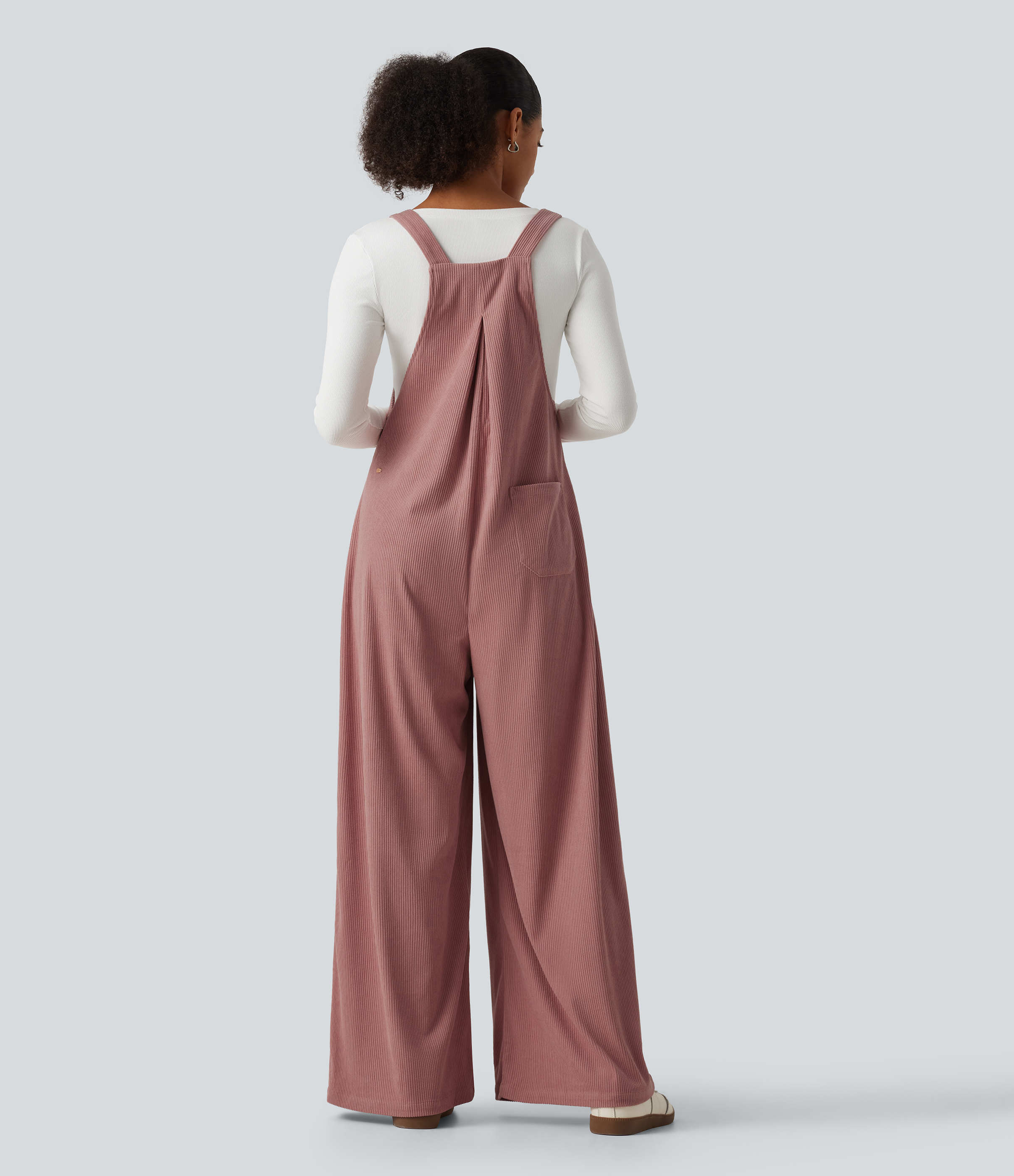 Desert Sand Ärmellose, plissierte Latzhose aus Cord mit mehreren Taschen / 2