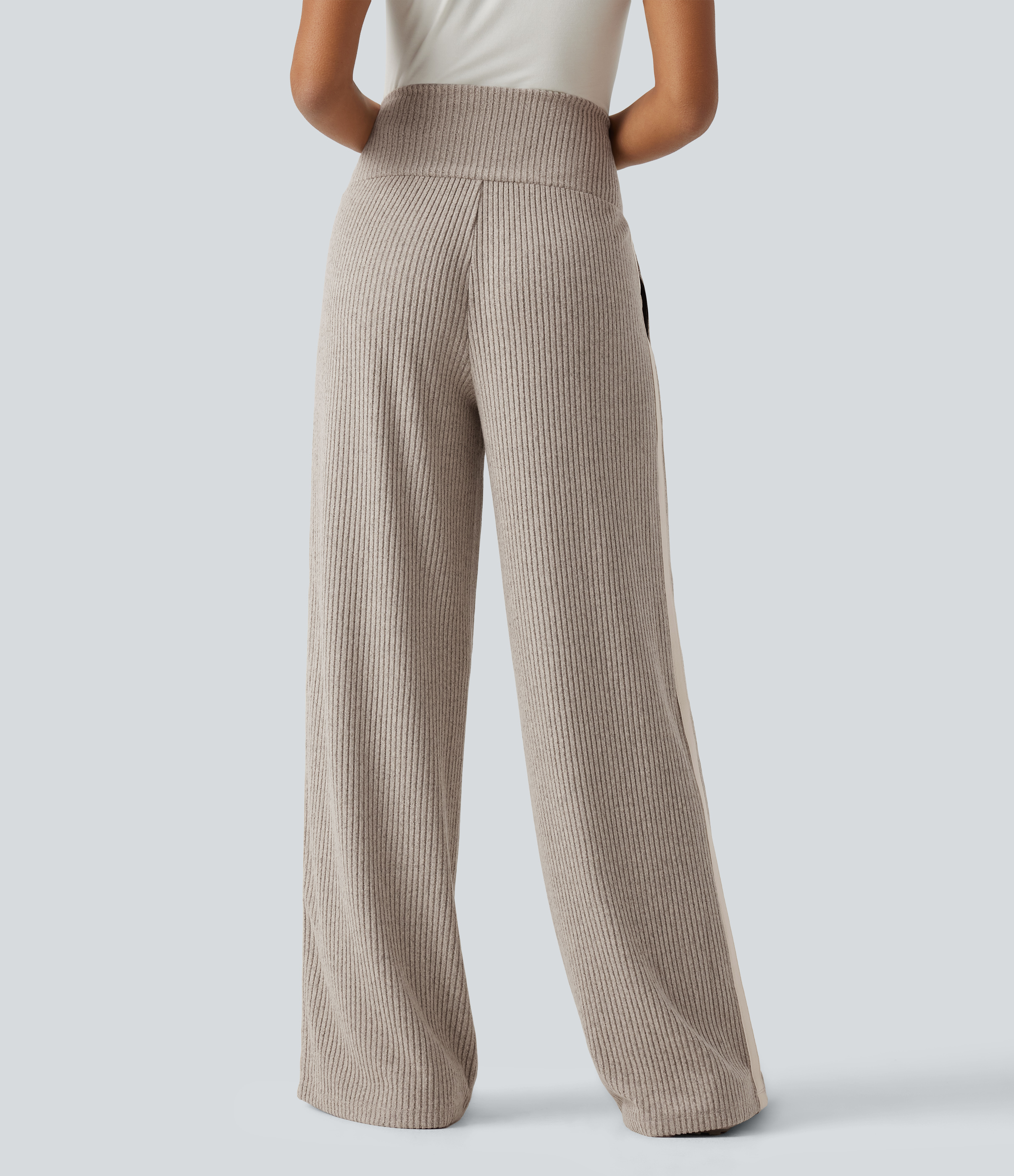 Smoked Olive Ribbed Knit High Waisted Drawstring Side Stripe Casual Pants with Pockets / 2