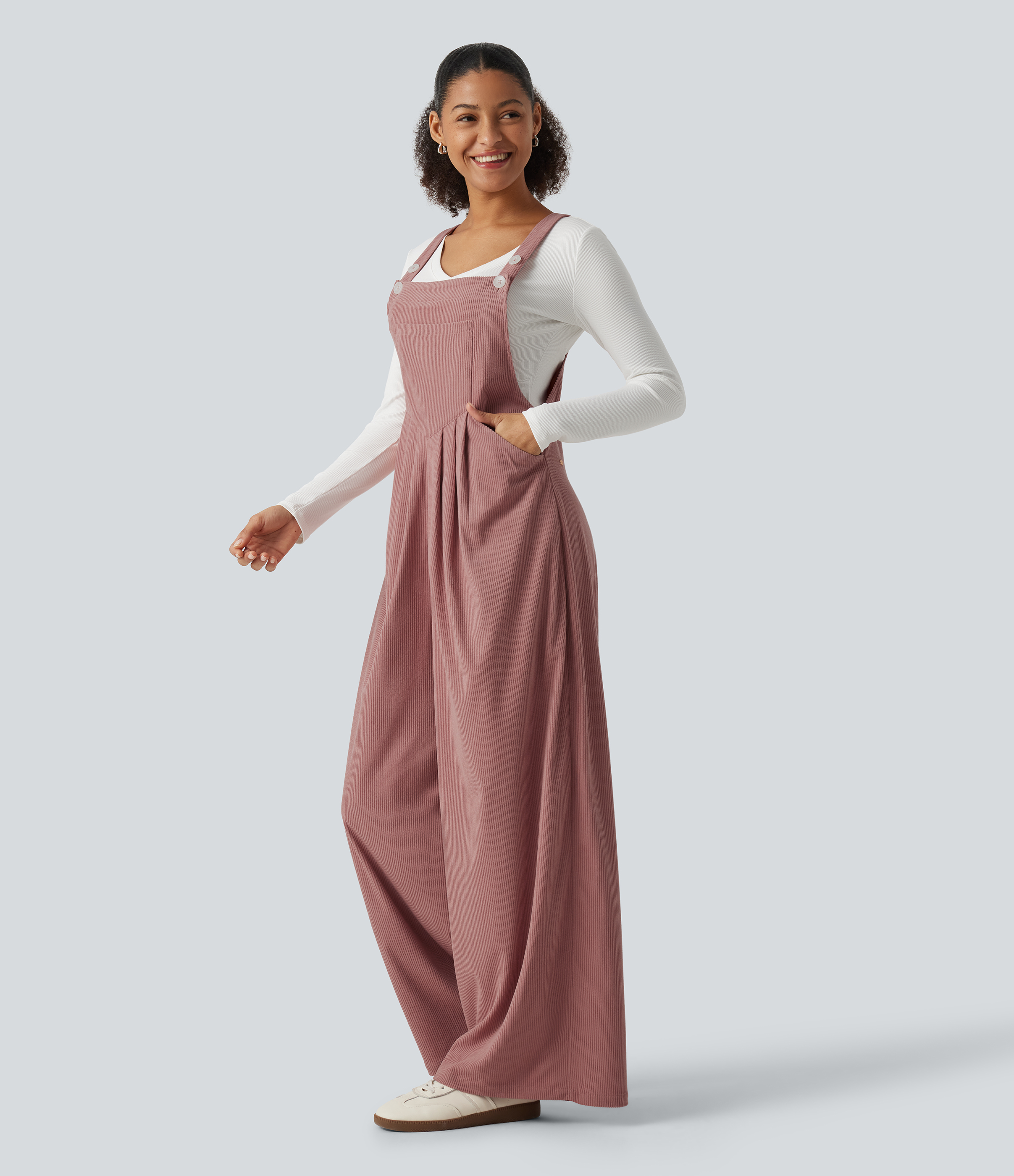 Sleeveless Pleated Corduroy Casual Overalls with Pockets
