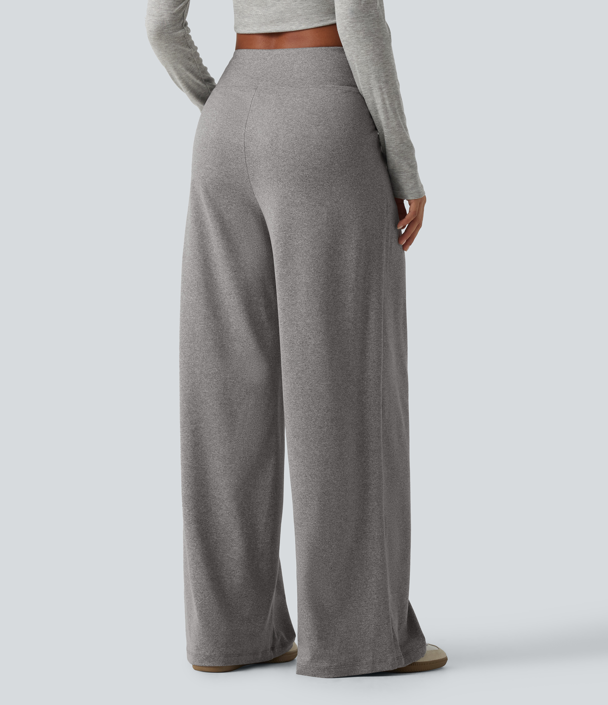 Fog Gray High Waisted Crossover Heathered Wide Leg Casual Pants with Pockets / 2
