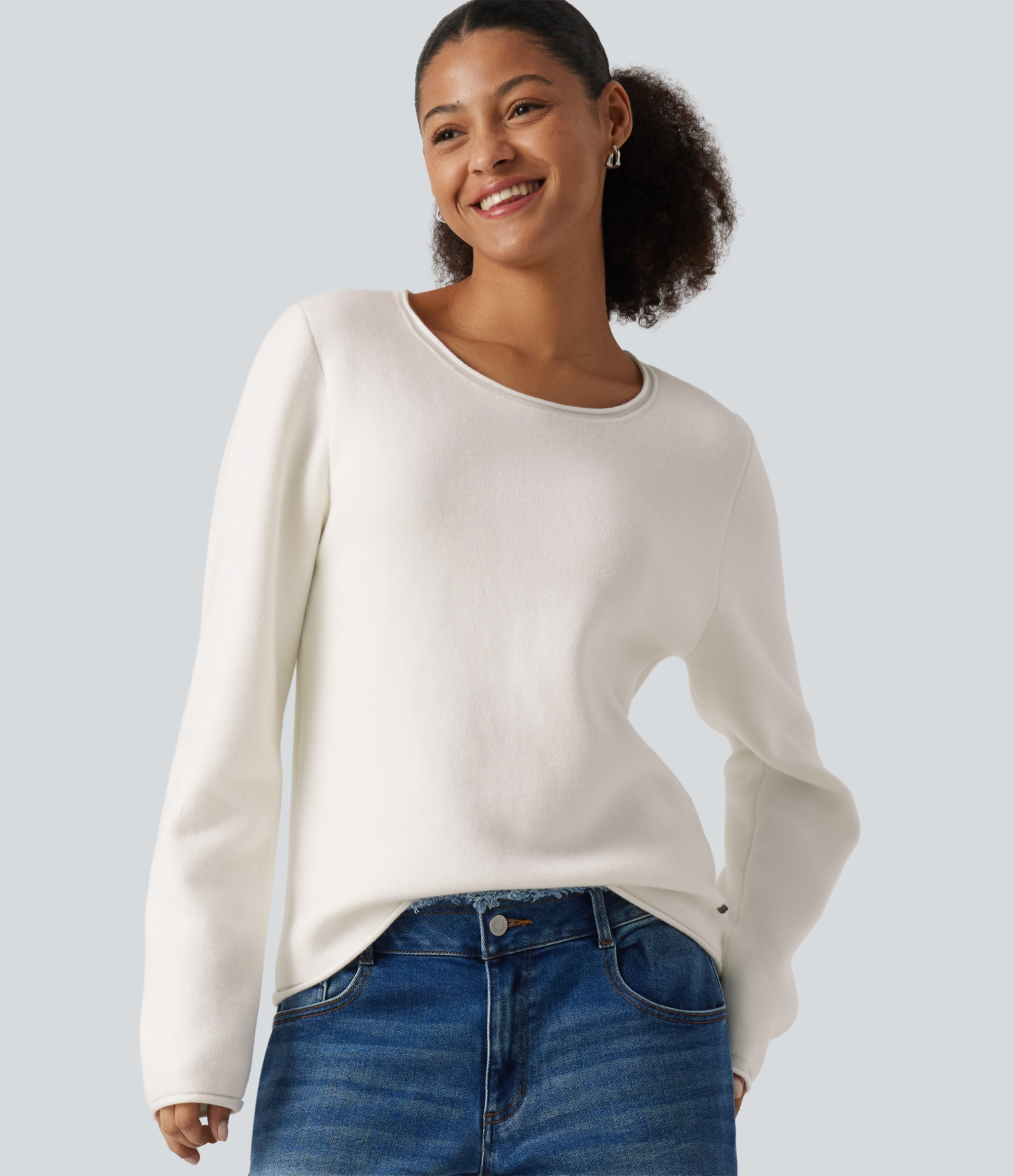 Round Neck Dropped Shoulder Long Sleeve Sweater