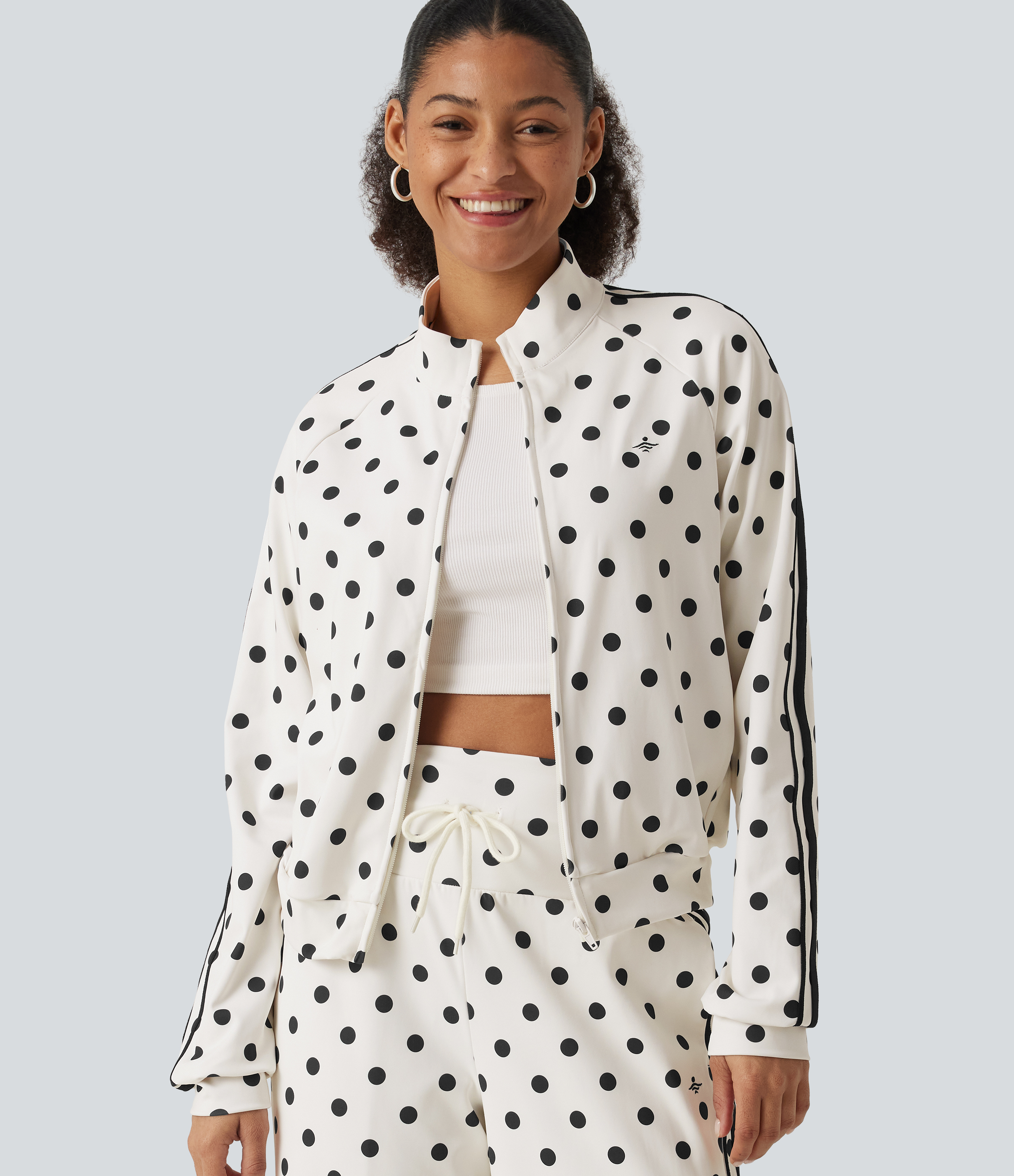 Stand Collar Polka Dot Side Stripe Casual Track Jacket with Pockets